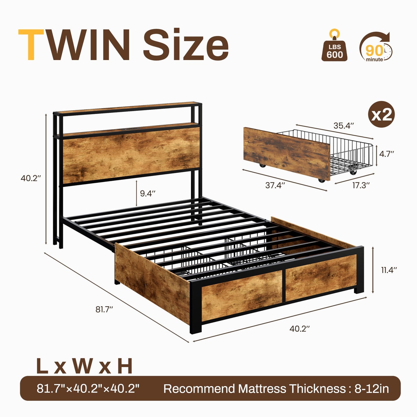 Lifezone Twin Bed Frame with 2 Storage Drawers, Platform Bed Frame with Headboard, Charging Station & LED, Metal Support, No Box Spring Needed, Noise Free, Brown