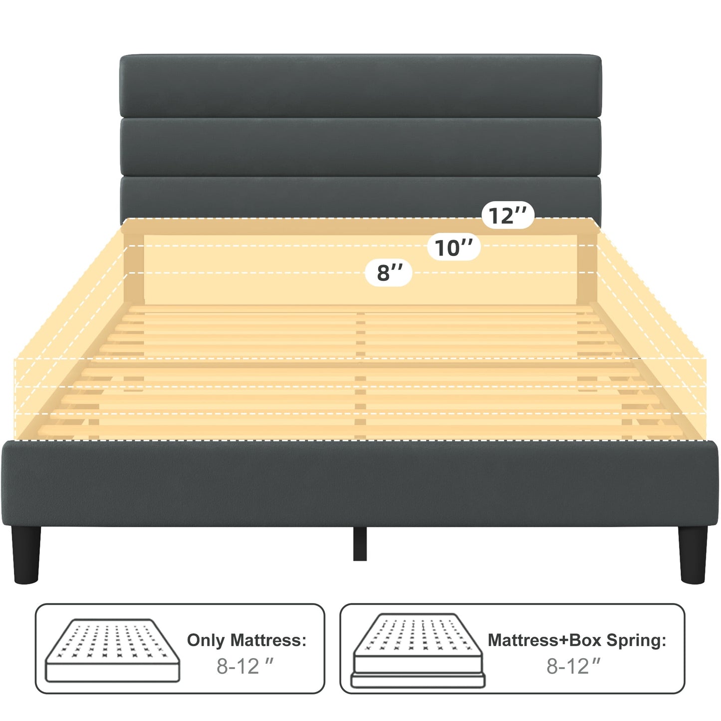 Lifezone Queen Bed Frame with Velvet Upholstered Headboard, Metal Support, No Box Spring Needed, Noise Free, Easy Assembly, Grey