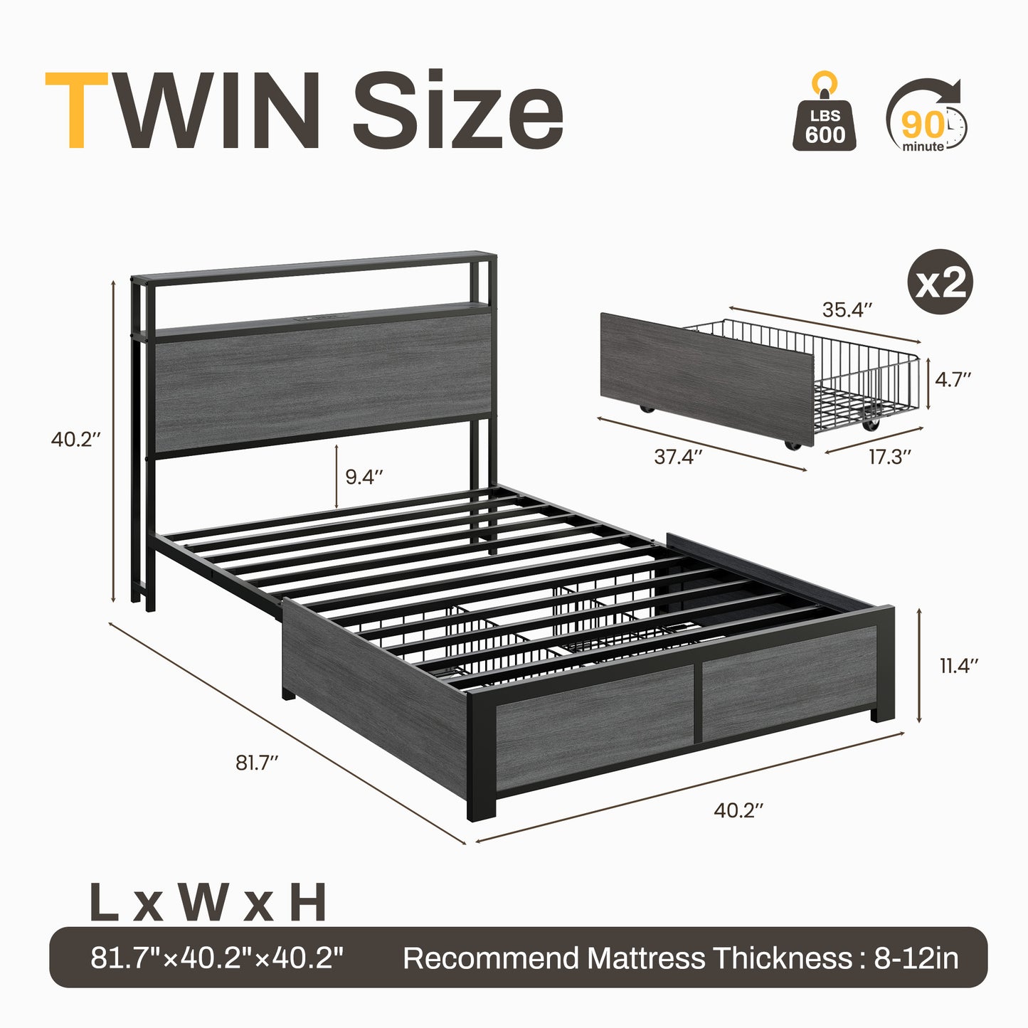 Lifezone Twin Bed Frame with 2 Storage Drawers, Platform Bed Frame with Headboard, Charging Station & LED, Metal Support, No Box Spring Needed, Noise Free, Gray
