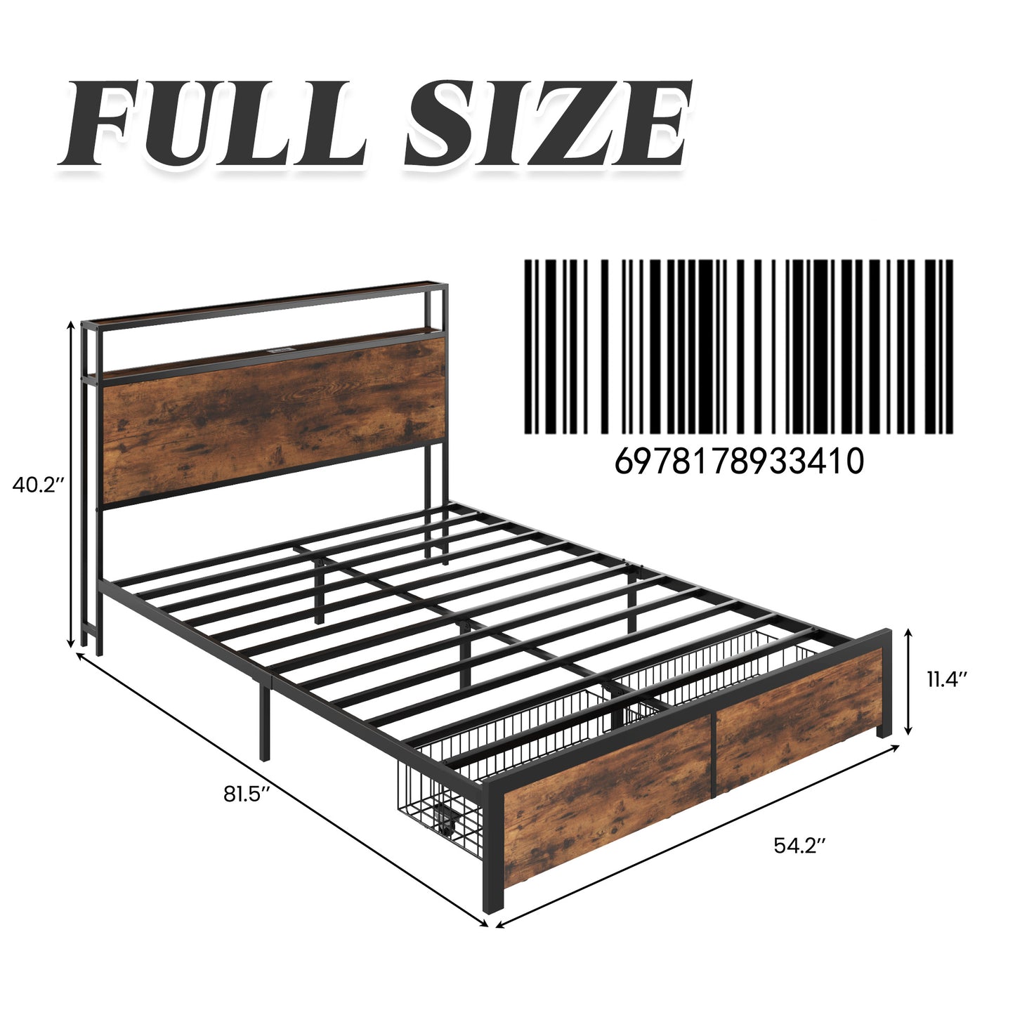 Lifezone Bed Frame with 2-Tier Storage Headboard Platform Bed with Built-in Charging Station & LED, Foot-board Storage Drawers, Metal Support, No Spring Box Needed, Rustic Brown,Queen,Full