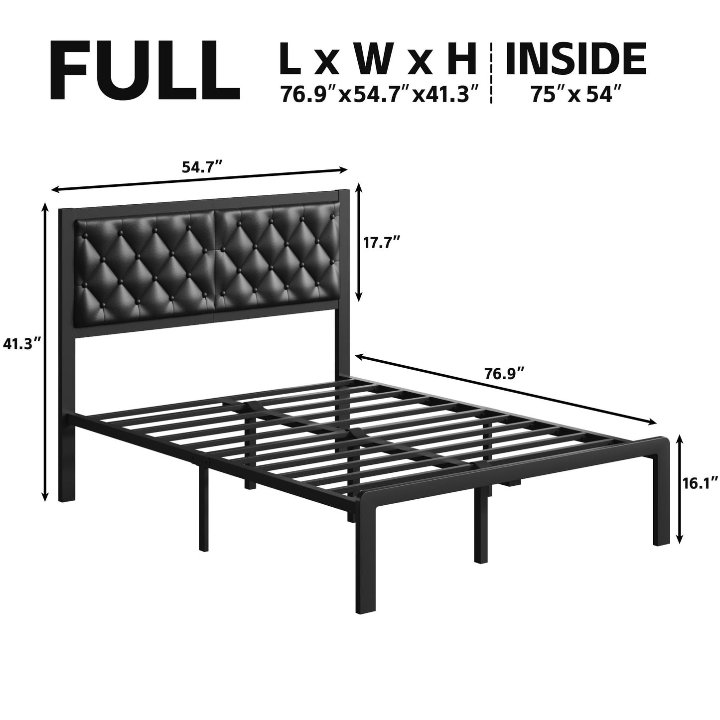 Lifezone Upholstered Bed Frame with Headboard, Full, Metal Support, No Box Spring Needed, Black