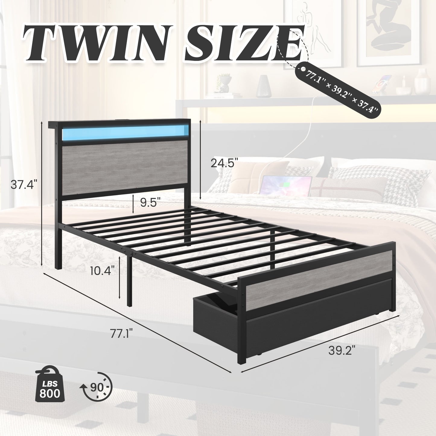 Twin Bed Frame with Storage Headboard & Drawer, Charging Station & LED Light, No Box Spring Needed, Noise Free, Easy Assembly, Rustic Grey