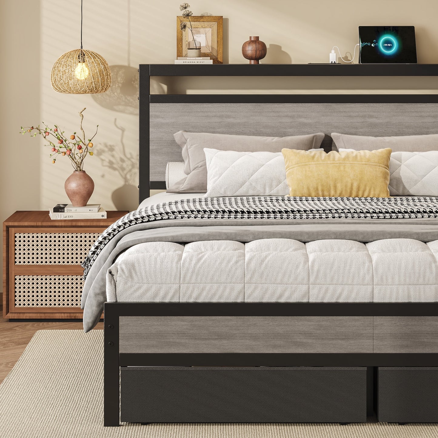 Queen Bed Frame with 2 Drawers, Headboard & Footboard, Bed Frame with Built-in Charging Station & LED Light, Storage Shelf, Noise-Free, No Box Spring Needed, Easy Assembly, Gray