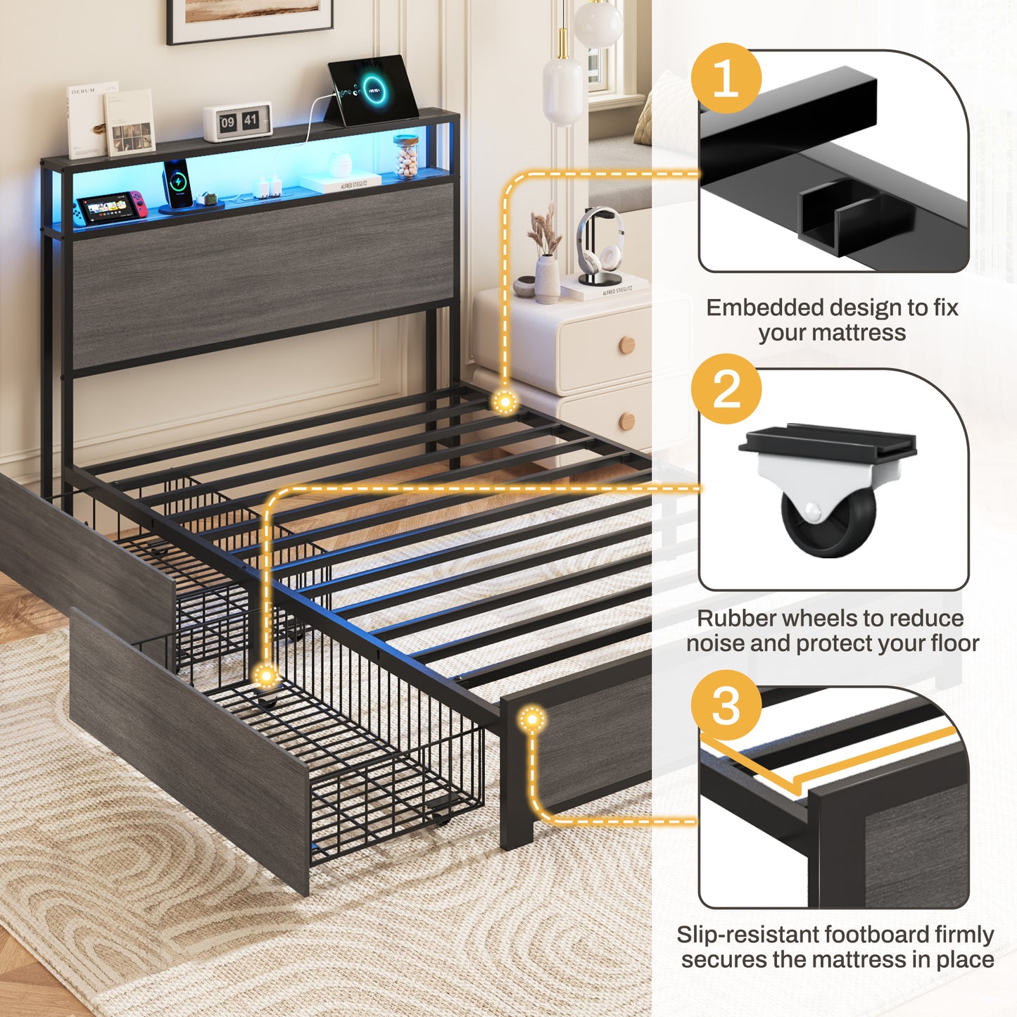 Lifezone Twin Bed Frame with 2 Storage Drawers, Platform Bed Frame with Headboard, Charging Station & LED, Metal Support, No Box Spring Needed, Noise Free, Gray