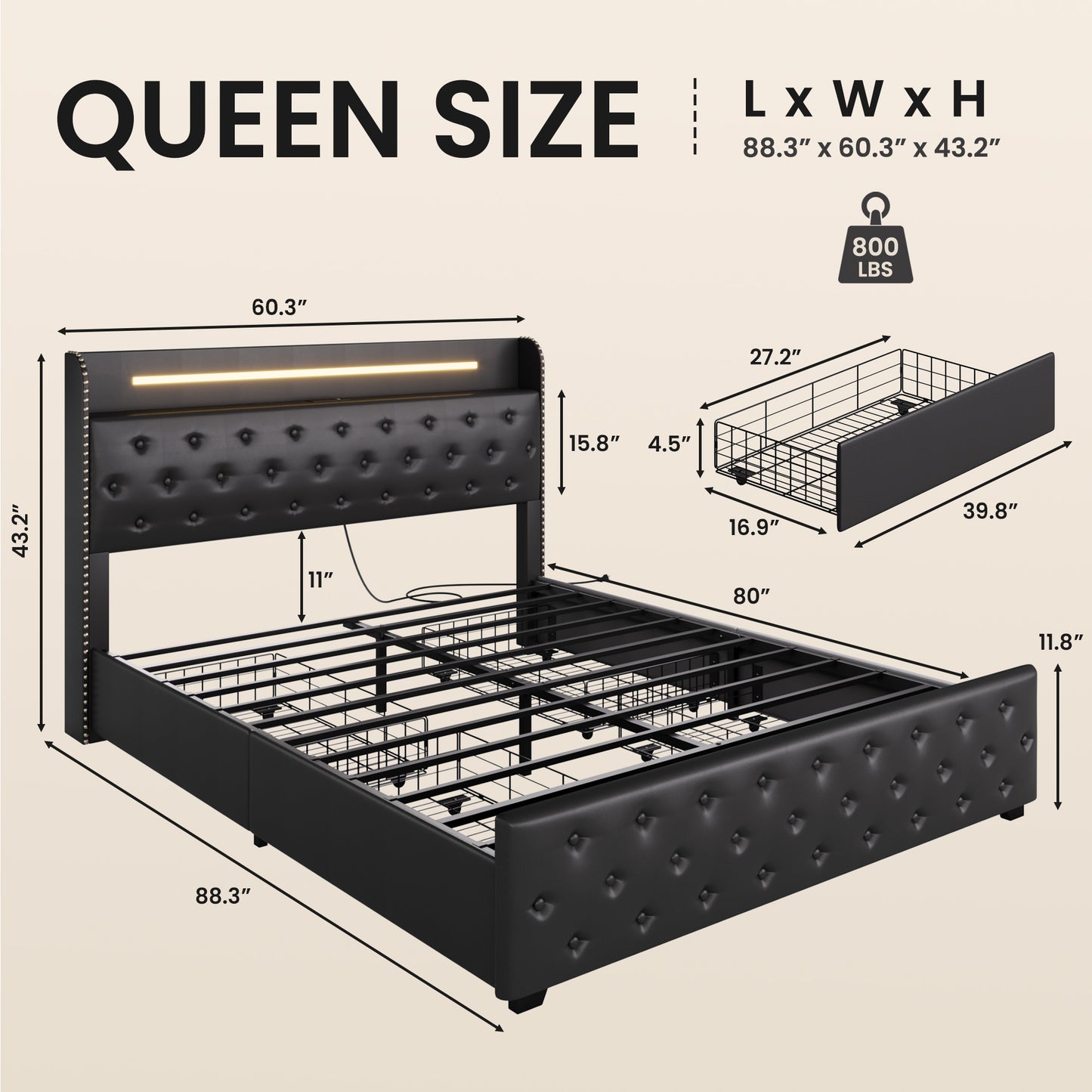 Lifezone Queen Bed Frame with 4 Storage Drawers and LED Lights, Upholstered Faux Leather Wingback Platform Bed with Type-C Charging Station, Noise-Free Heavy Duty Metal, No Box Spring Needed, Black