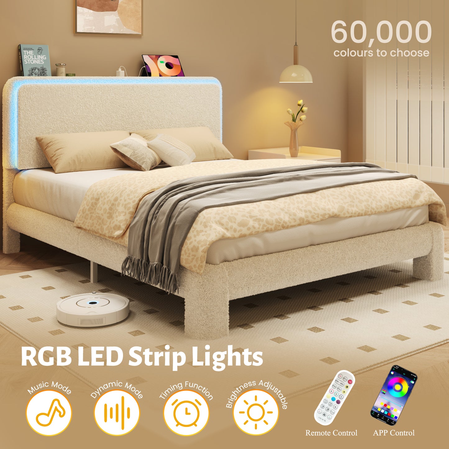 Lifezone Queen Bed Frame with Charging Station & LED Lights, Boucle Upholstered Cloud Bed with Headboard and Shelf, Noise Free, Sturdy Metal Support, No Box Spring Needed, Soft Rounded Corners, Beige