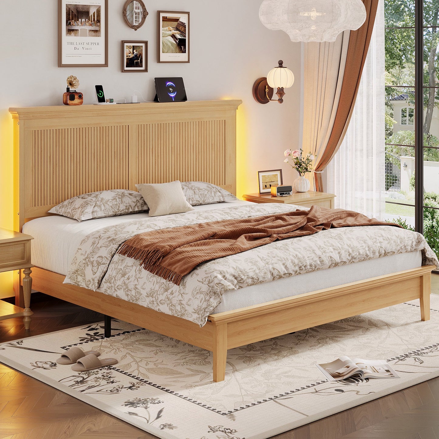 Lifezone Solid Wood Queen Platform Bed, Tall Headboard with Built-in RGB LED and Charging Station, Wood Slat Support, Noise-Free Natural Finish