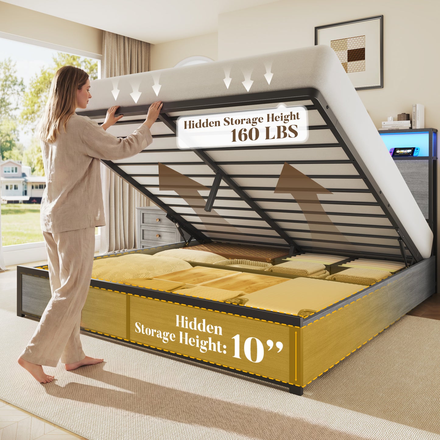 Lifezone Queen Size Lift Up Storage Bed Frame with 2-Tier Storage Headboard, Metal Platform Bed Frame with Charging Station & LED Light, Hydraulic Support, No Box Spring Needed/Noise Free, Rustic Grey