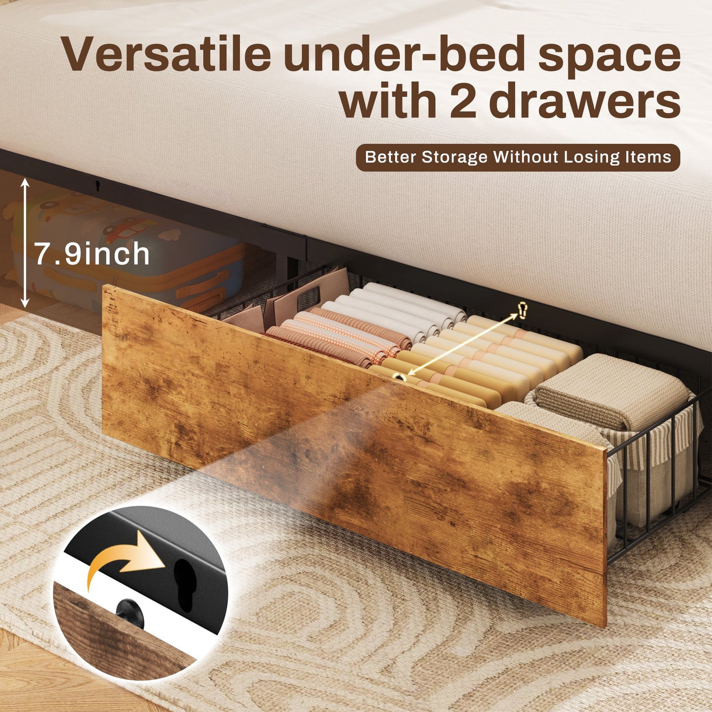 Lifezone Twin Bed Frame with 2 Storage Drawers, Platform Bed Frame with Headboard, Charging Station & LED, Metal Support, No Box Spring Needed, Noise Free, Brown