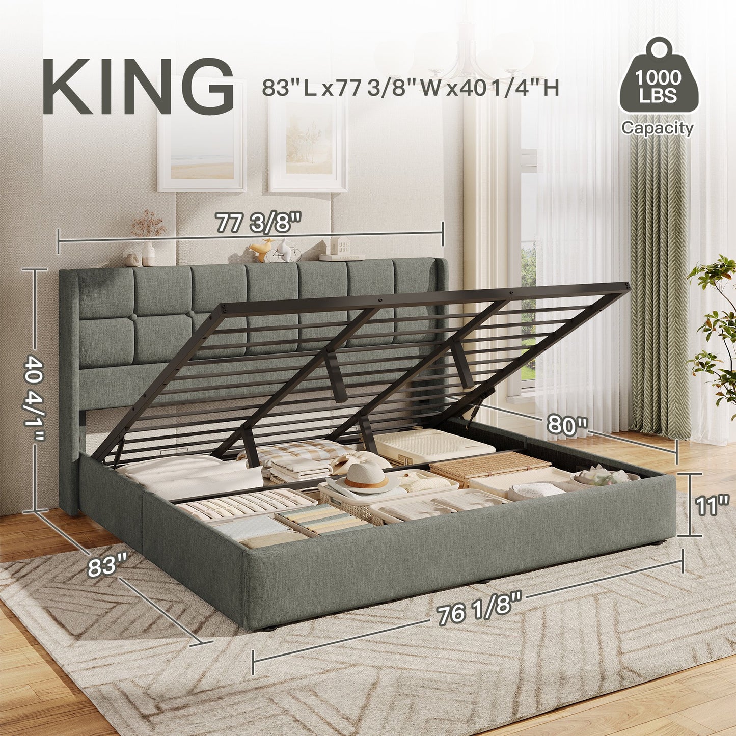 Lifezone King Linen Upholstered Storage Bed Frame with Button Tufted Wingback Headboard, Hydraulic Lift-up Under-Bed Storage, Gray