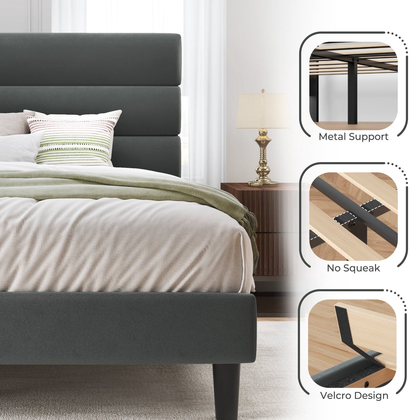 Lifezone King Bed Frame with Velvet Upholstered Headboard, Metal Support and No Box Spring