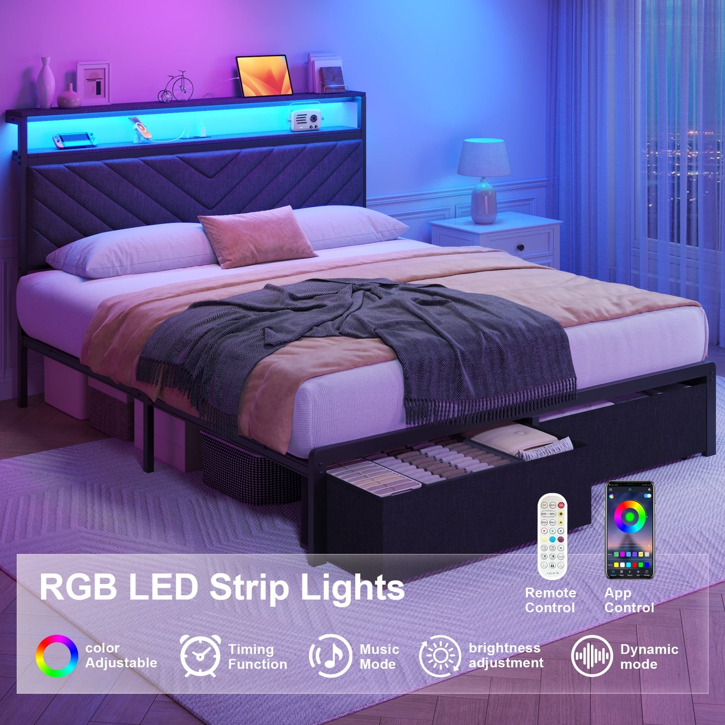 Lifezone Queen Bed Frame with 2-Tier Storage Headboard, USB Port and LED Light, 2 Storage Drawers, Grey