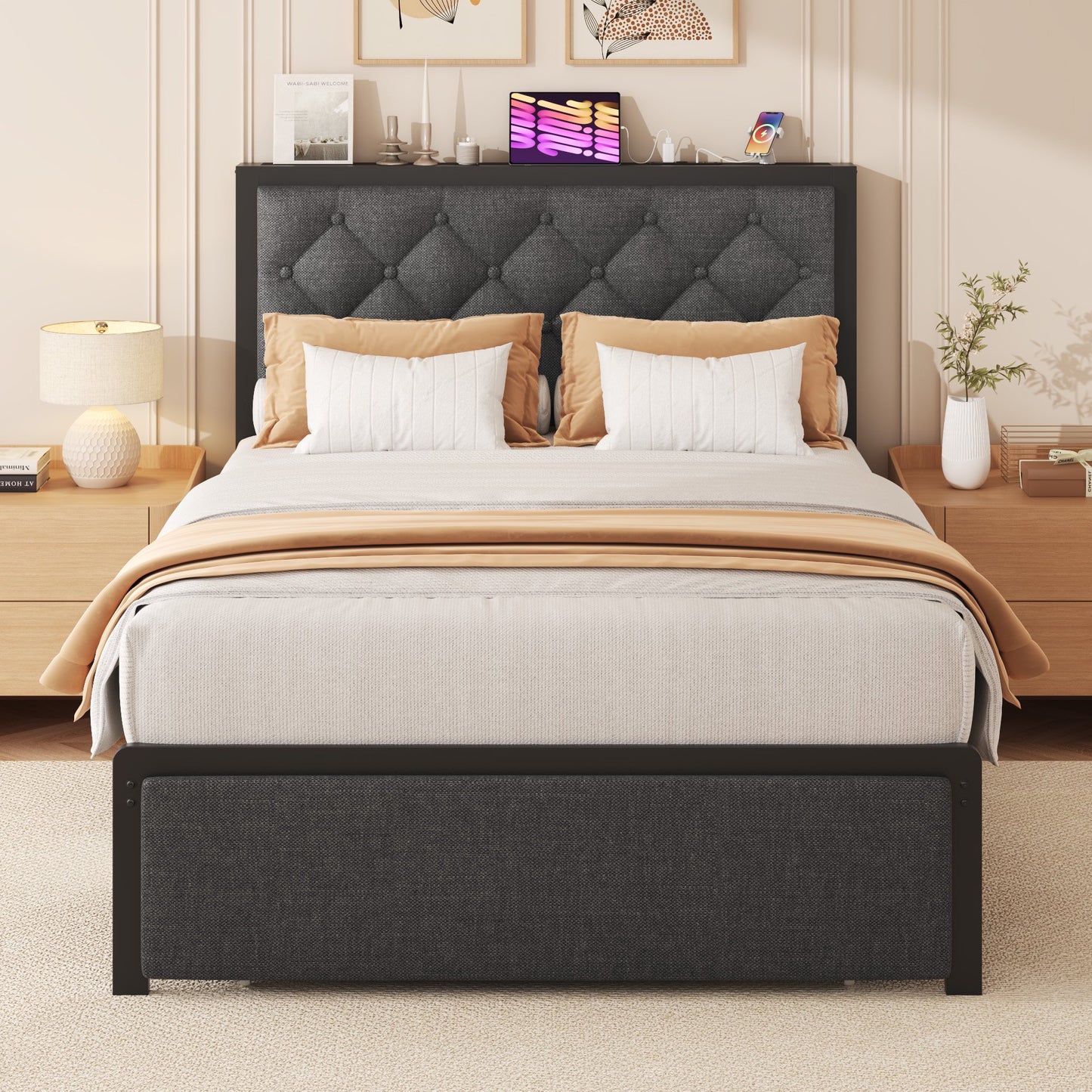 Lifezone Twin Bed Frame with Linen Upholstered Headboard, USB Port, Large Storage Drawer, No Box Spring Needed, Easy Assembly, Grey