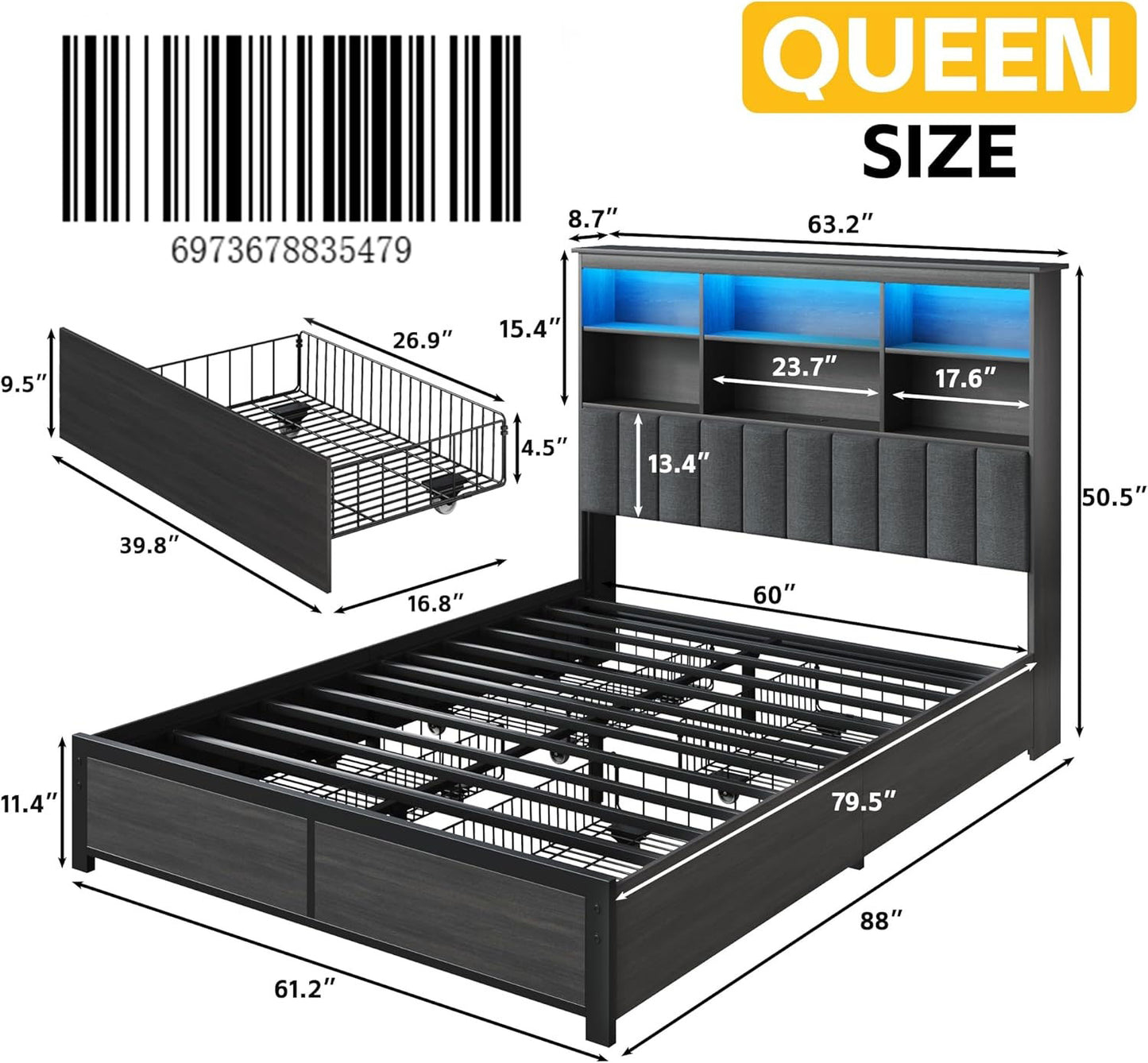 Lifezone Bookcase Beds Queen Bed Frame with Wooden Platform, Rustic Brown