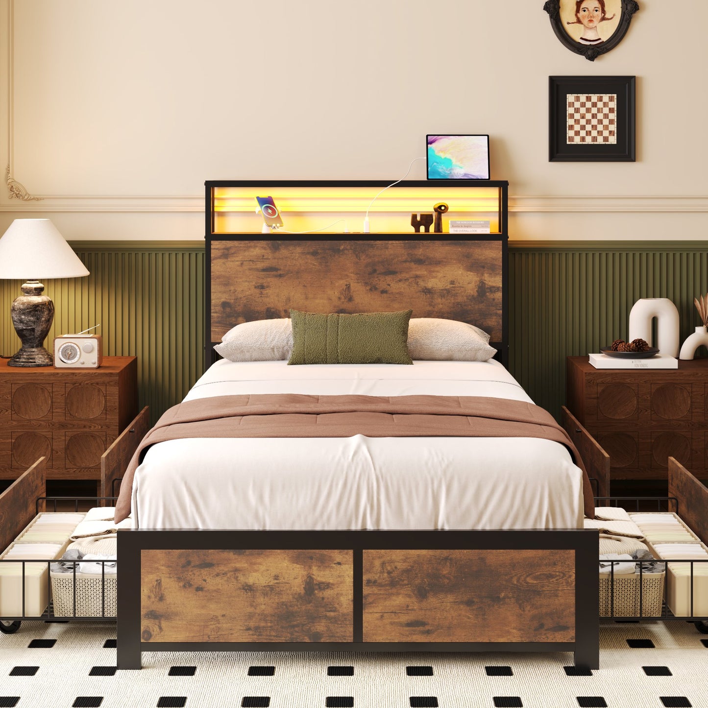 Lifezone Twin Size Bed Frame with 2-Tier Bookcase Headboard Platform Bed with Charging Station & LED, 4 Storage Drawers, Metal Support, No Box Spring Needed, Noise Free, Brown