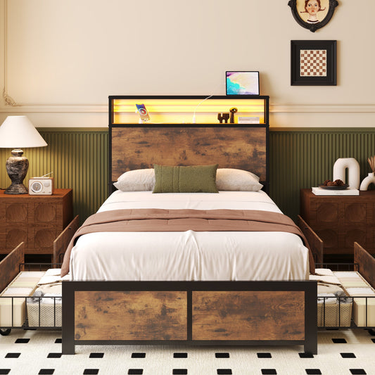 Lifezone Twin Size Bed Frame with 2-Tier Bookcase Headboard Platform Bed with Charging Station & LED, 4 Storage Drawers, Metal Support, No Box Spring Needed, Noise Free, Brown