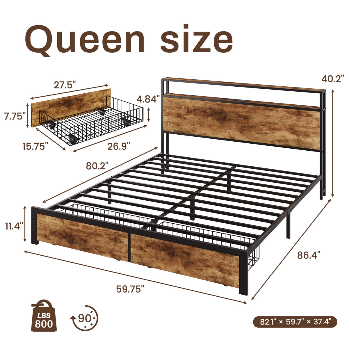 Lifezone Queen Bed Frame with 2-Tier Storage Headboard, Metal Bed Frame with Storage Drawers & Built-in Charging Station & LED, No Box Spring Needed, Easy Assembly, Retro Brown