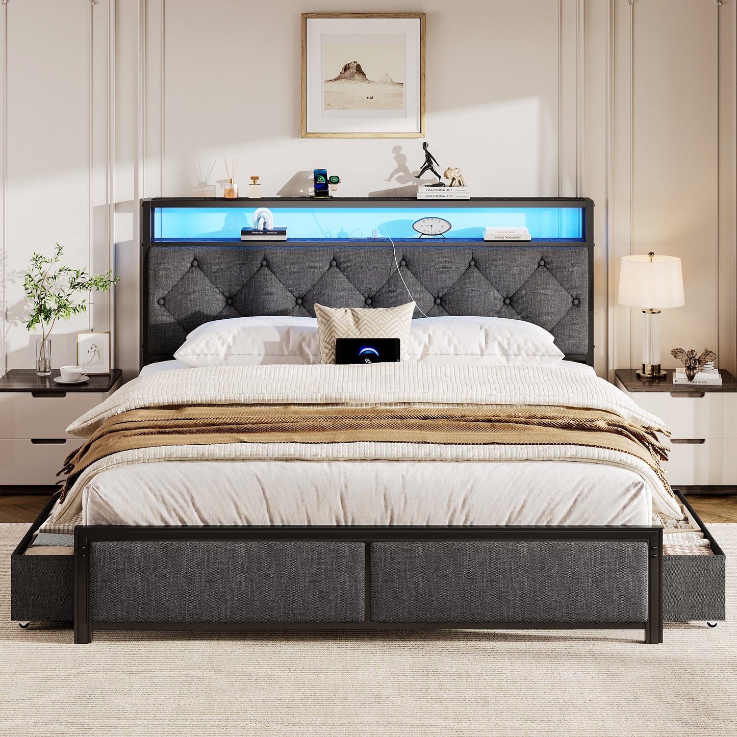 Lifezone Queen Bed Frame with Headboard, Platform Bed Frame with 4 Storage Drawers, Charging Station & LED, Metal Support, No Box Spring Needed, Noise Free, Gray