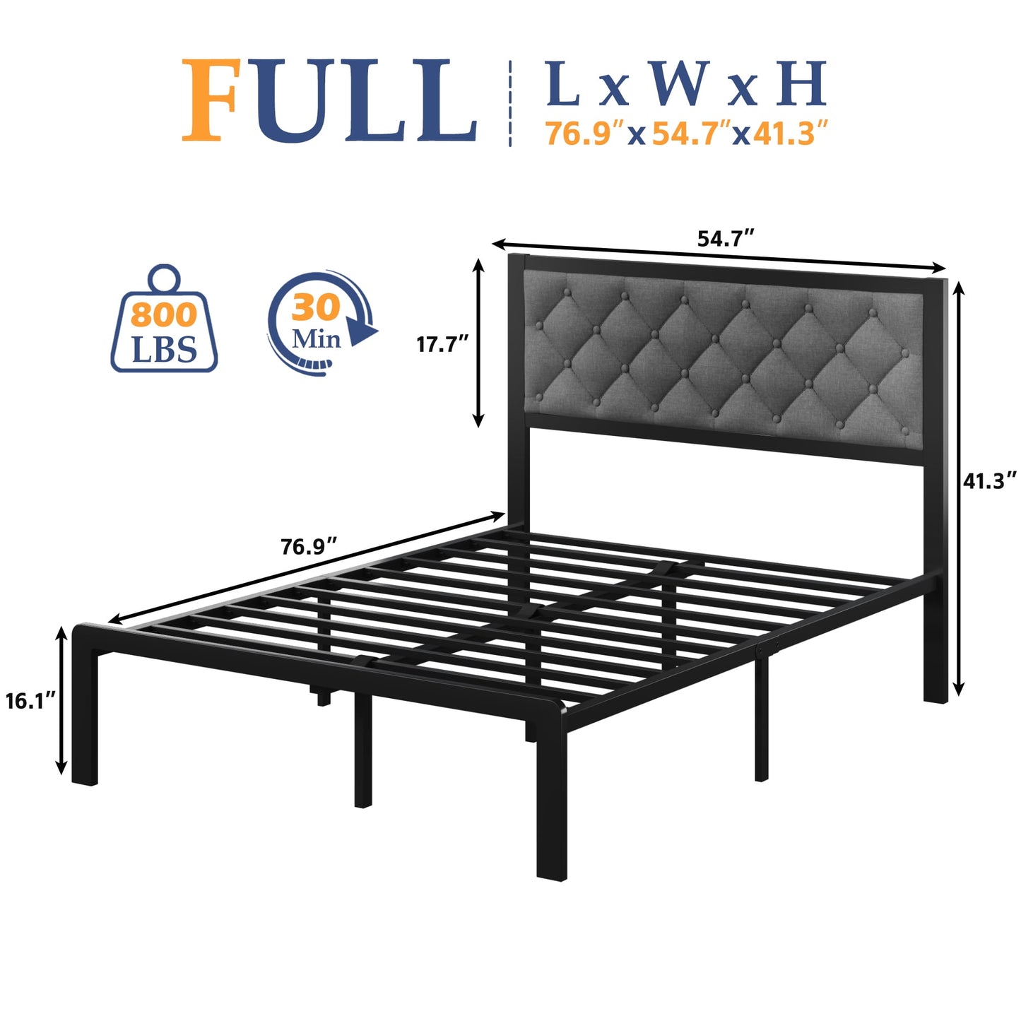 Lifezone Upholstered Bed Frame with Headboard, Full, Metal Support, No Box Spring Needed, Noise Free, Easy Assembly, Grey