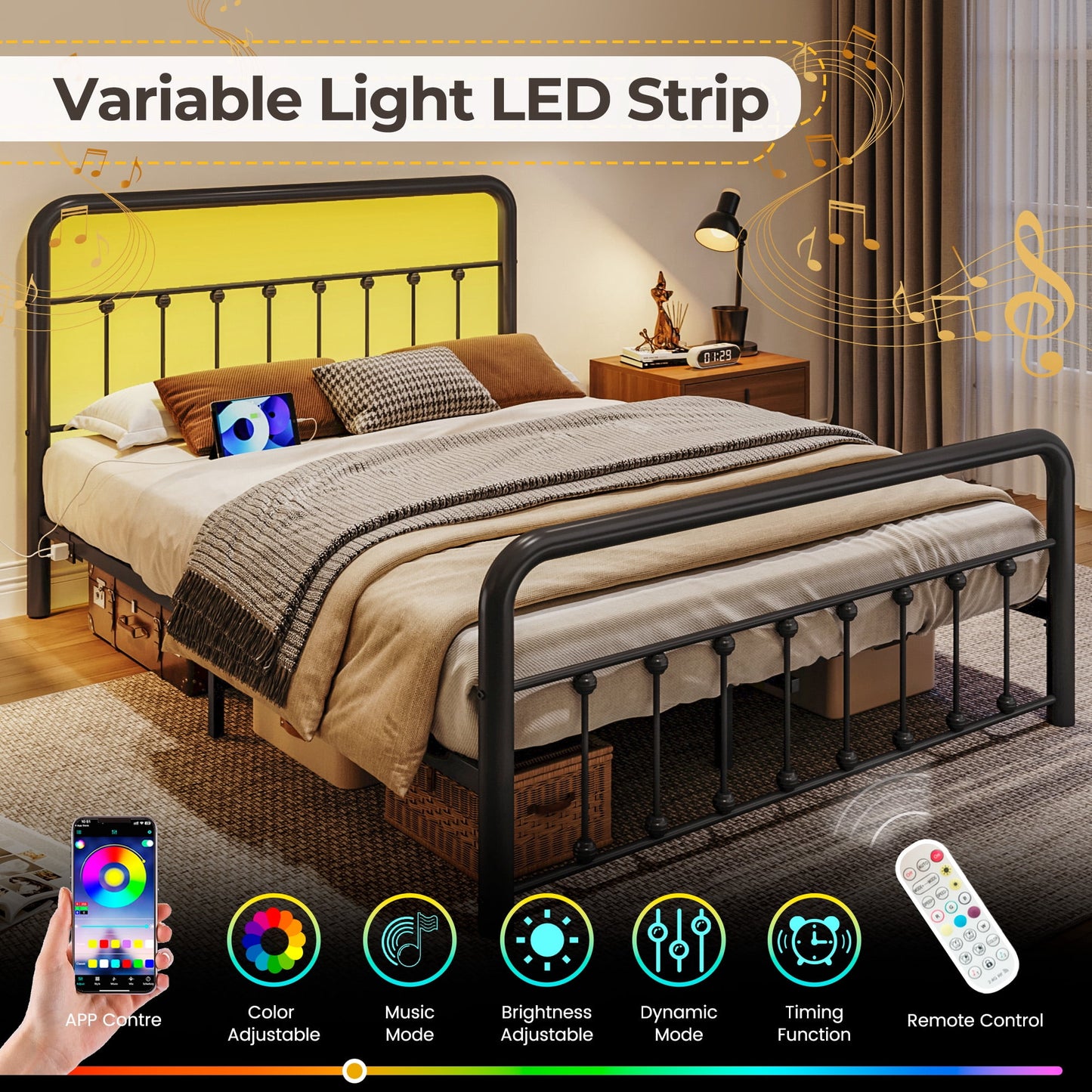 Lifezone Queen Bed Frame, Classic Metal Platform Bed Frame, with Charging Station and LED, No Need for Springs, Modern Black