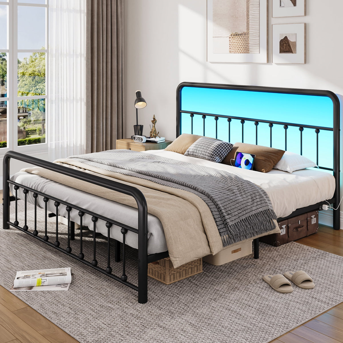King Metal Platform Bed Frame, Classic Modern with Charging Station and LED Lights, No Box Spring Needed, Black