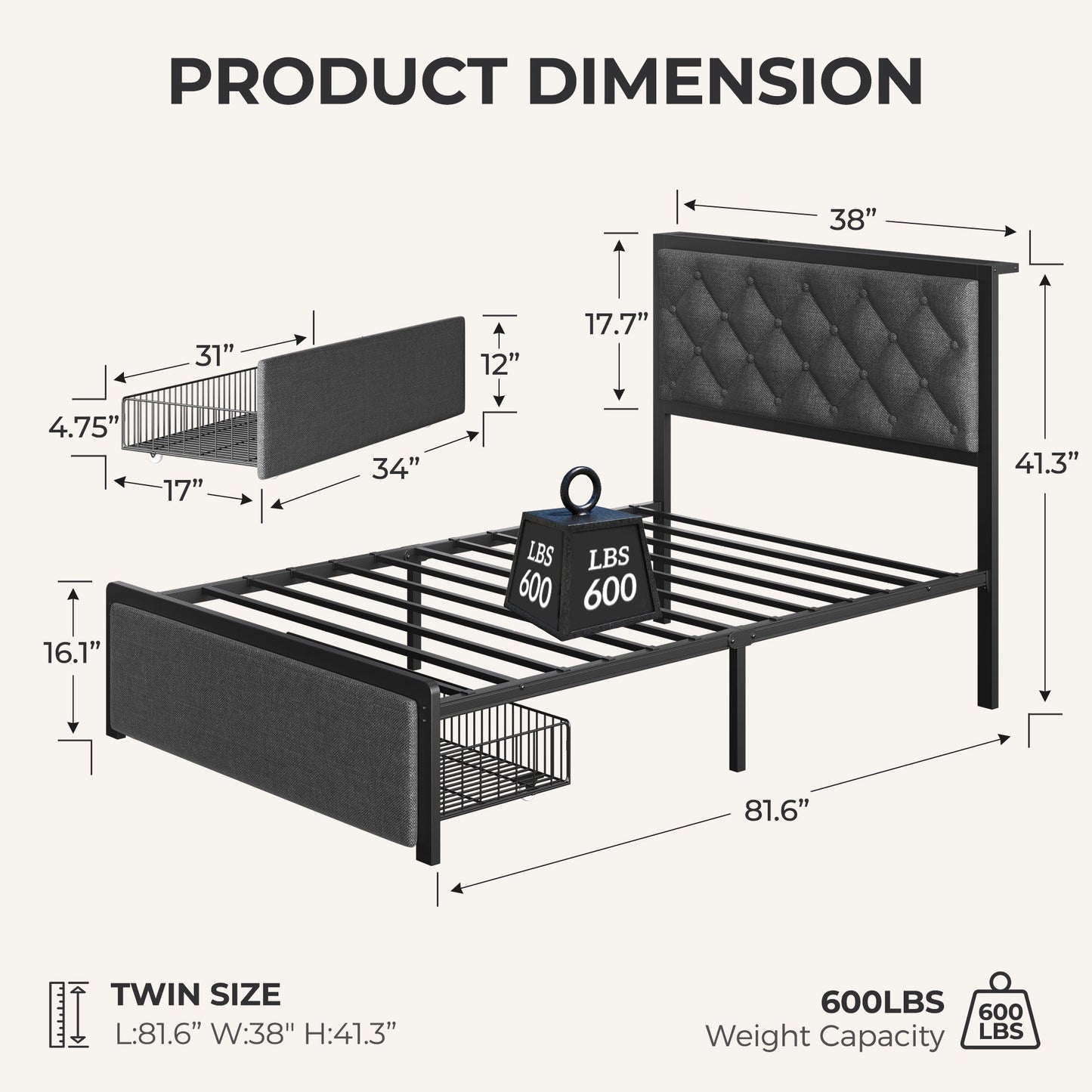 Lifezone Twin Bed Frame with Linen Upholstered Headboard, USB Port, Large Storage Drawer, No Box Spring Needed, Easy Assembly, Grey