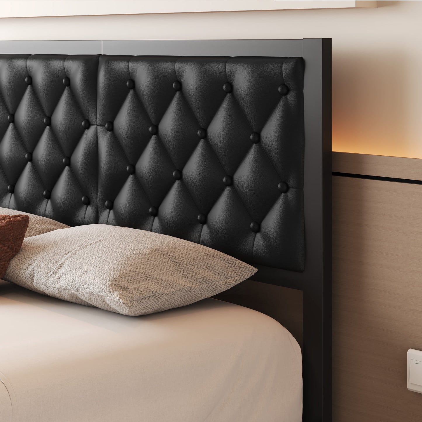 Lifezone Bed Frame with Upholstered Headboard, Queen, Metal Support, No Box Spring Needed, Black