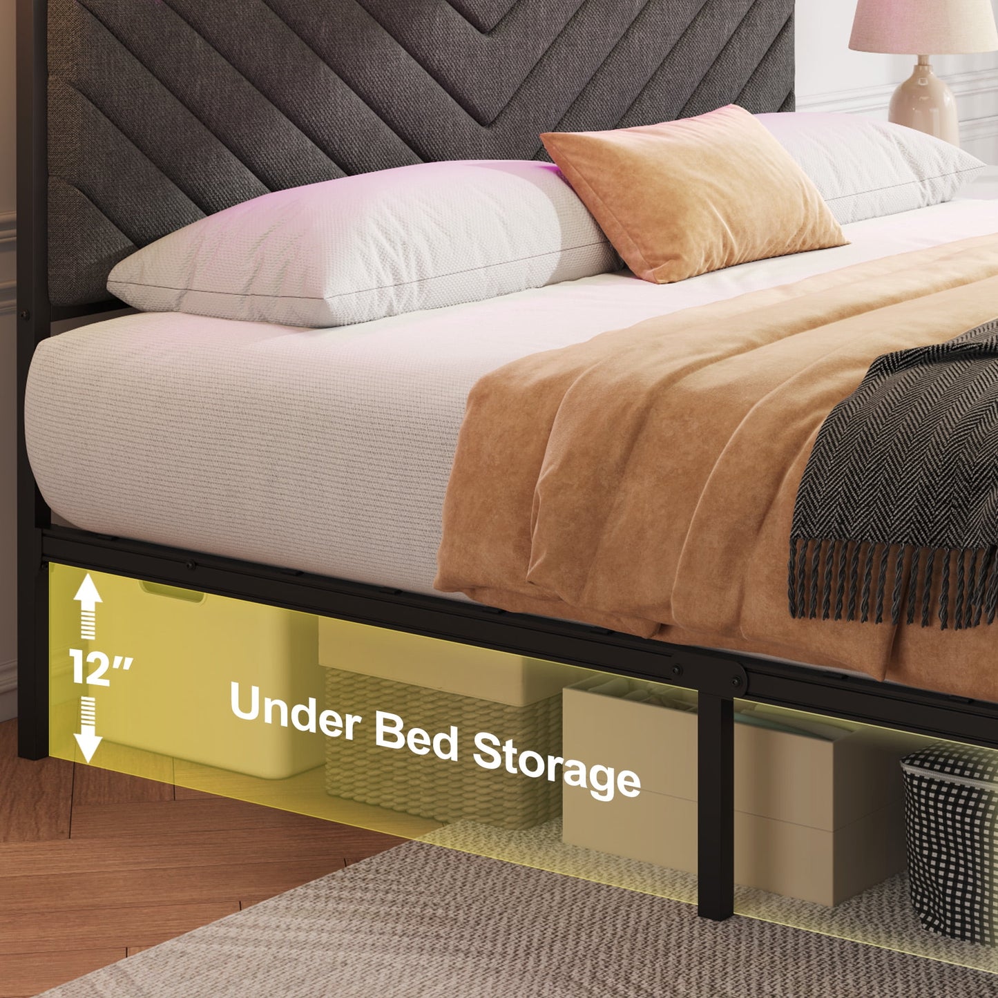 Lifezone Queen Bed Frame with 2-Tier Storage Headboard, USB Port and LED Light, 2 Storage Drawers, Grey