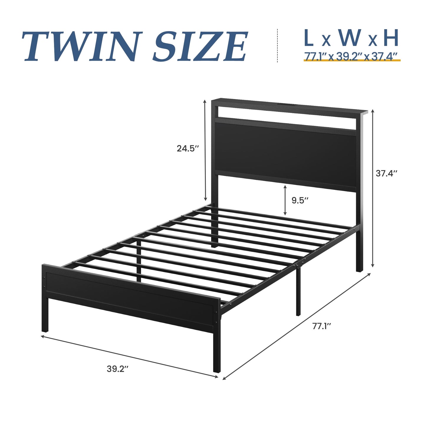 Twin Bed Frame with Headboard & Footboard, Charging Station & LED Light, Under-Bed-Storage, No Box Spring Needed, Noise Free, Easy Assembly, Black