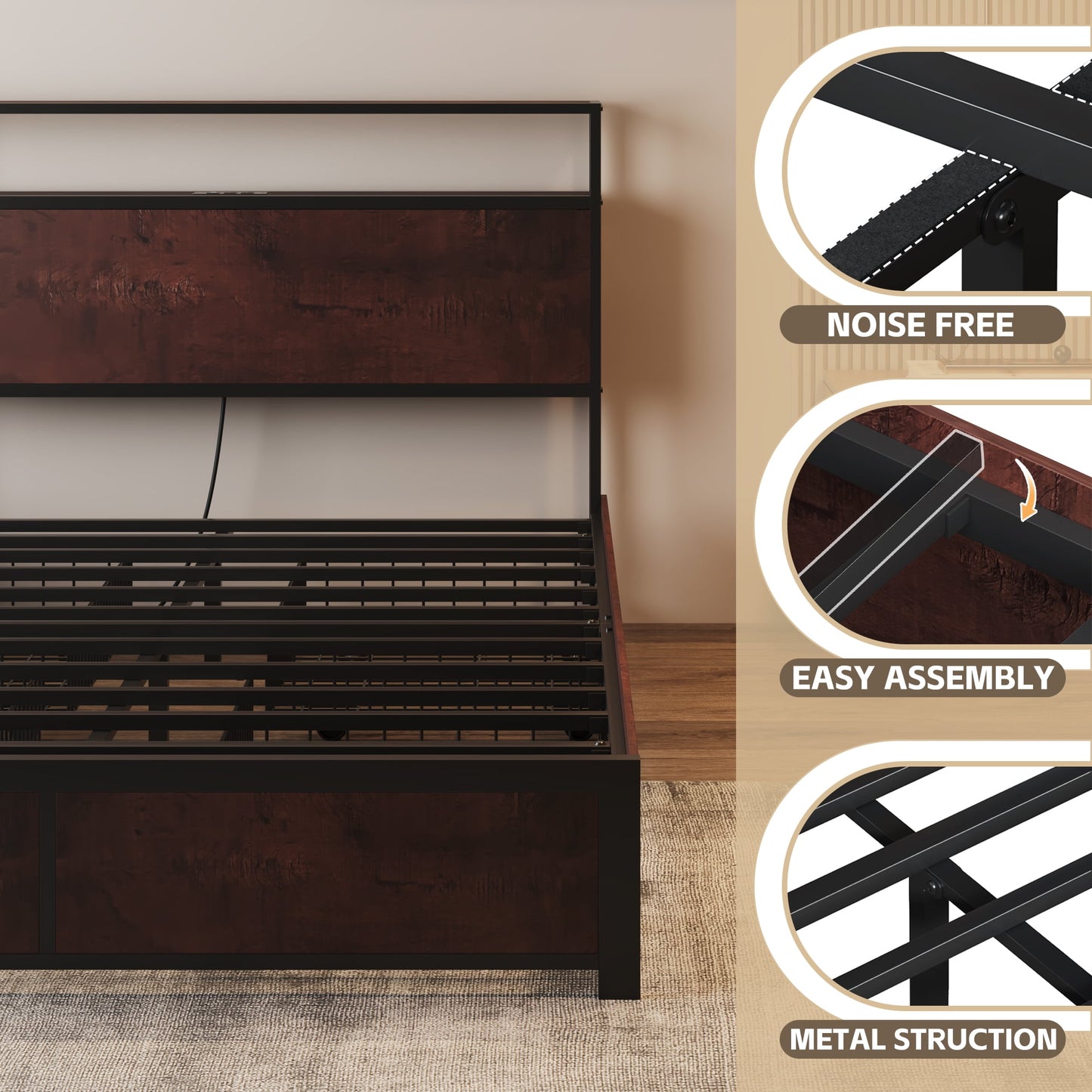 Lifezone Full Size Bed Frame with 2-Tier Bookcase Headboard Platform Bed with Charging Station & LED, 4 Storage Drawers, Metal Support, No Box Spring Needed, Noise Free, Brown