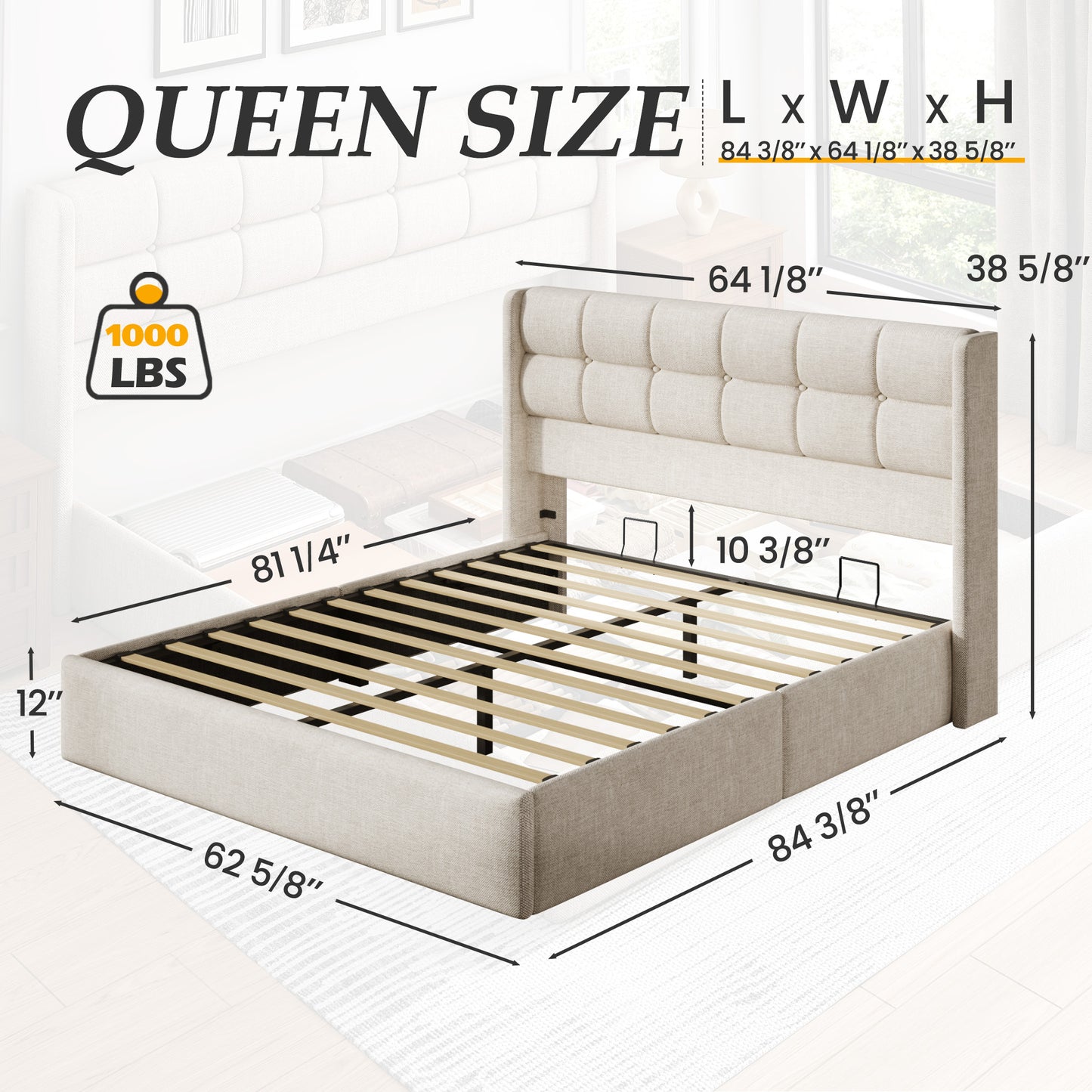 Lifezone Lift Up Storage Bed Frame, Linen Upholstered King Platform with Button Tufted Wingback Headboard and Under-Bed Storage, Hydraulic Support, No Box Spring Needed, Noise Free