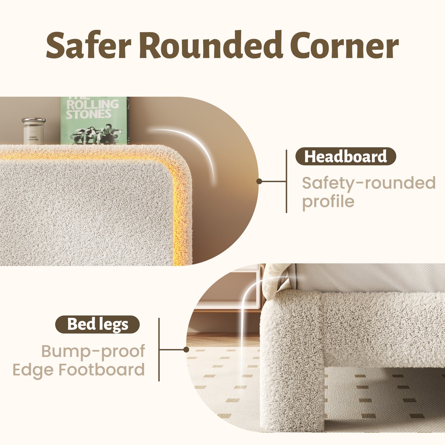 Lifezone Queen Bed Frame with Charging Station & LED Lights, Boucle Upholstered Cloud Bed with Headboard and Shelf, Noise Free, Sturdy Metal Support, No Box Spring Needed, Soft Rounded Corners, Beige