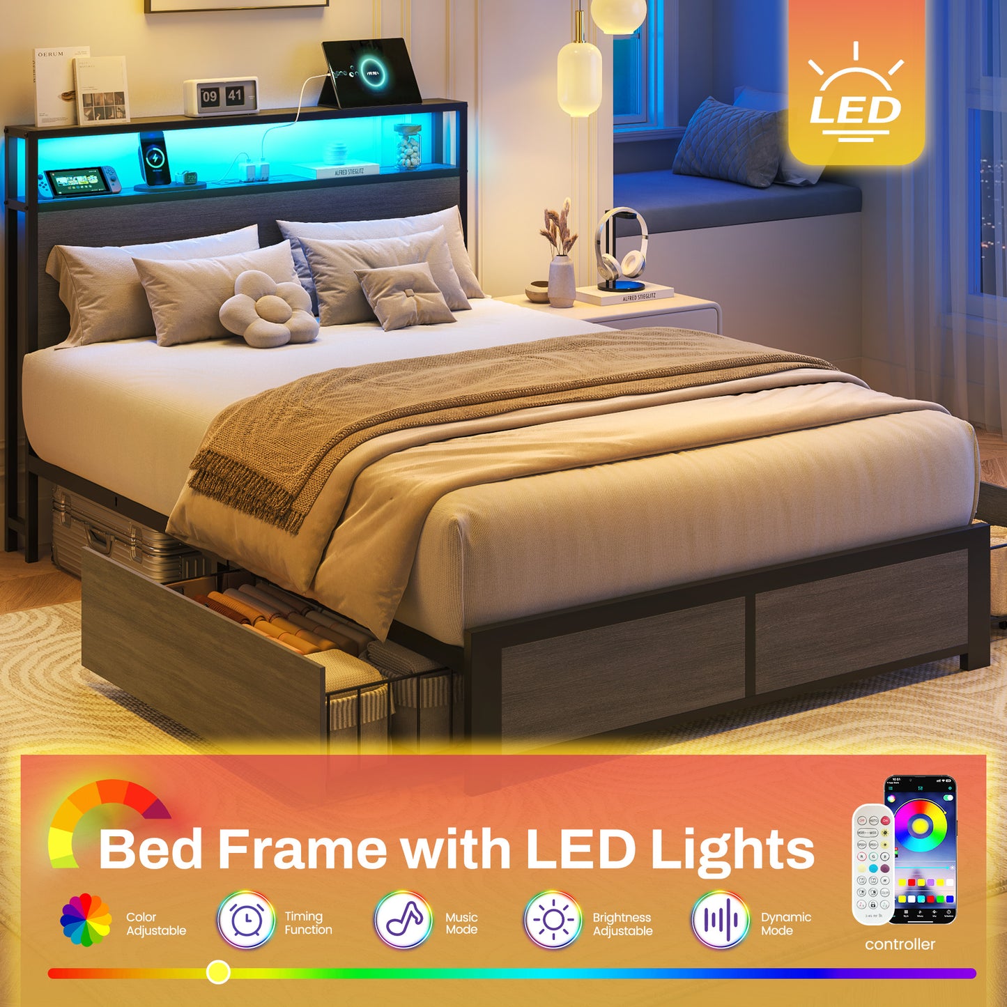 Lifezone Twin Bed Frame with 2 Storage Drawers, Platform Bed Frame with Headboard, Charging Station & LED, Metal Support, No Box Spring Needed, Noise Free, Gray
