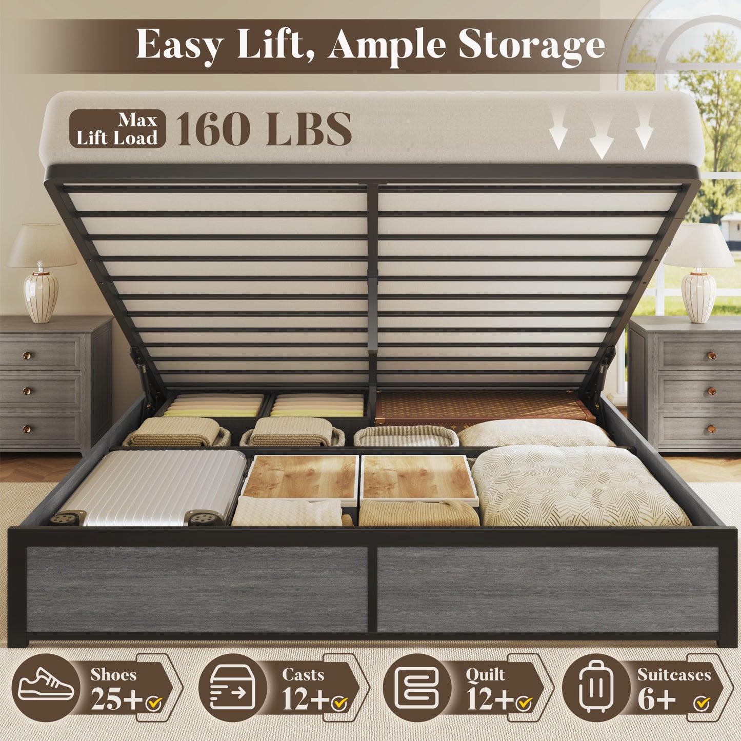 Lifezone Queen Size Lift Up Storage Bed Frame with 2-Tier Storage Headboard, Metal Platform Bed Frame with Charging Station & LED Light, Hydraulic Support, No Box Spring Needed/Noise Free, Rustic Grey