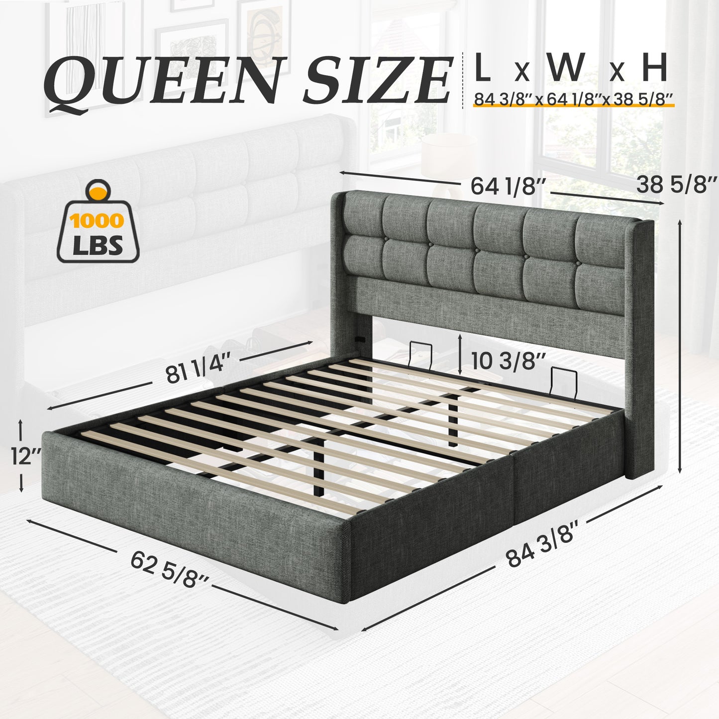 Lifezone Lift Up Storage Bed Frame, Linen Upholstered King Platform with Button Tufted Wingback Headboard and Under-Bed Storage, Hydraulic Support, No Box Spring Needed, Noise Free