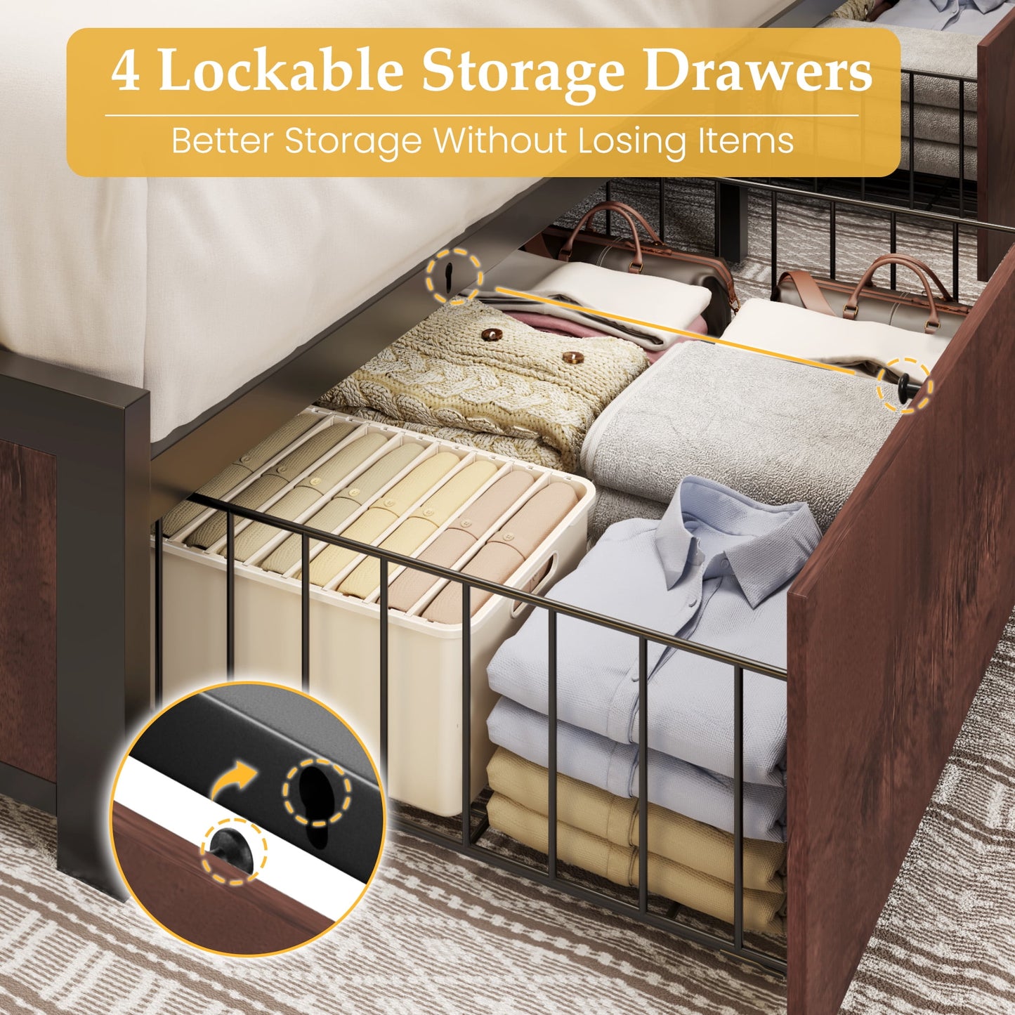 Lifezone King Size Bed Frame with 2-Tier Bookcase Headboard Platform Bed with Charging Station & LED, 4 Storage Drawers, Metal Support, No Box Spring Needed, Noise Free, Brown
