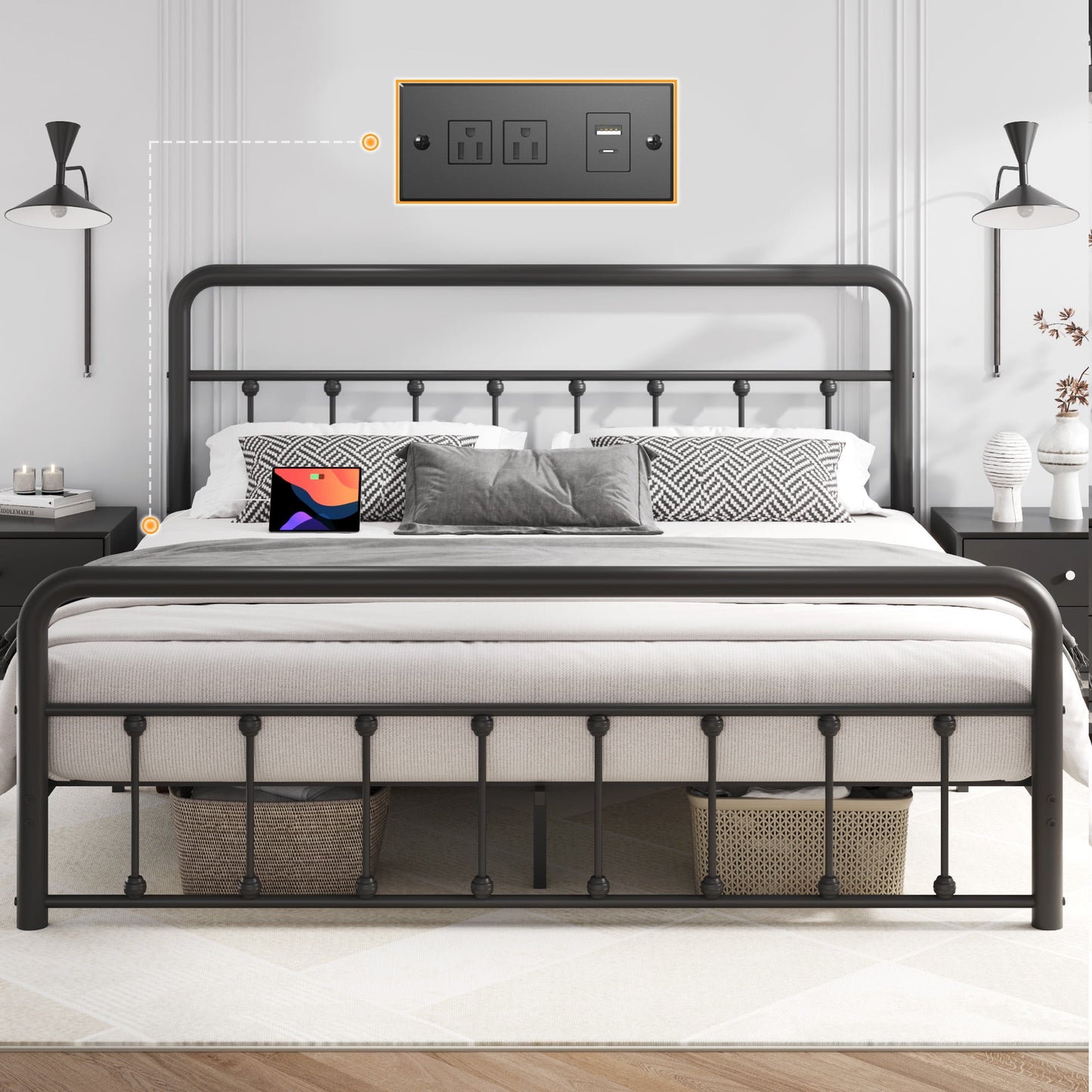 Lifezone Queen Bed Frame, Classic Metal Platform Bed Frame, with Charging Station and LED, No Need for Springs, Black