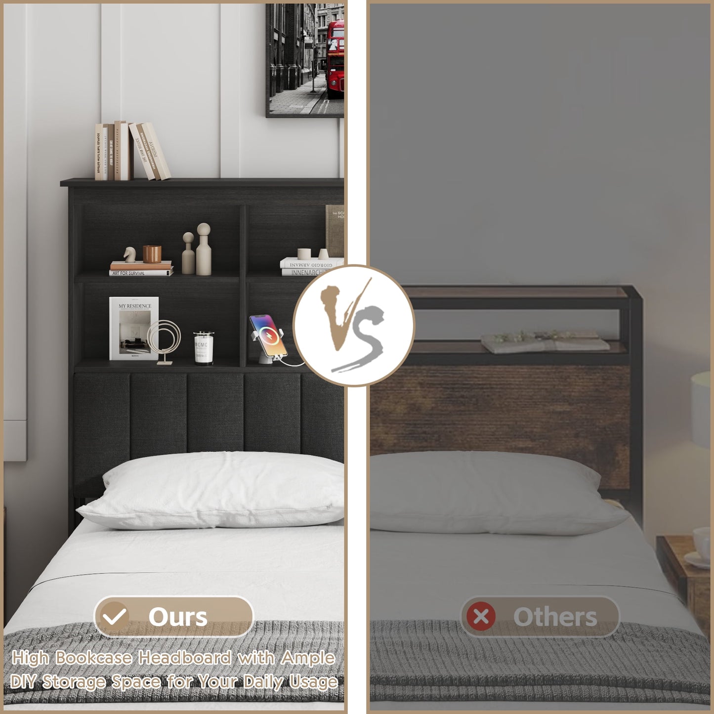 Lifezone Bookcase Beds Queen Bed Frame with Wooden Platform, Rustic Grey