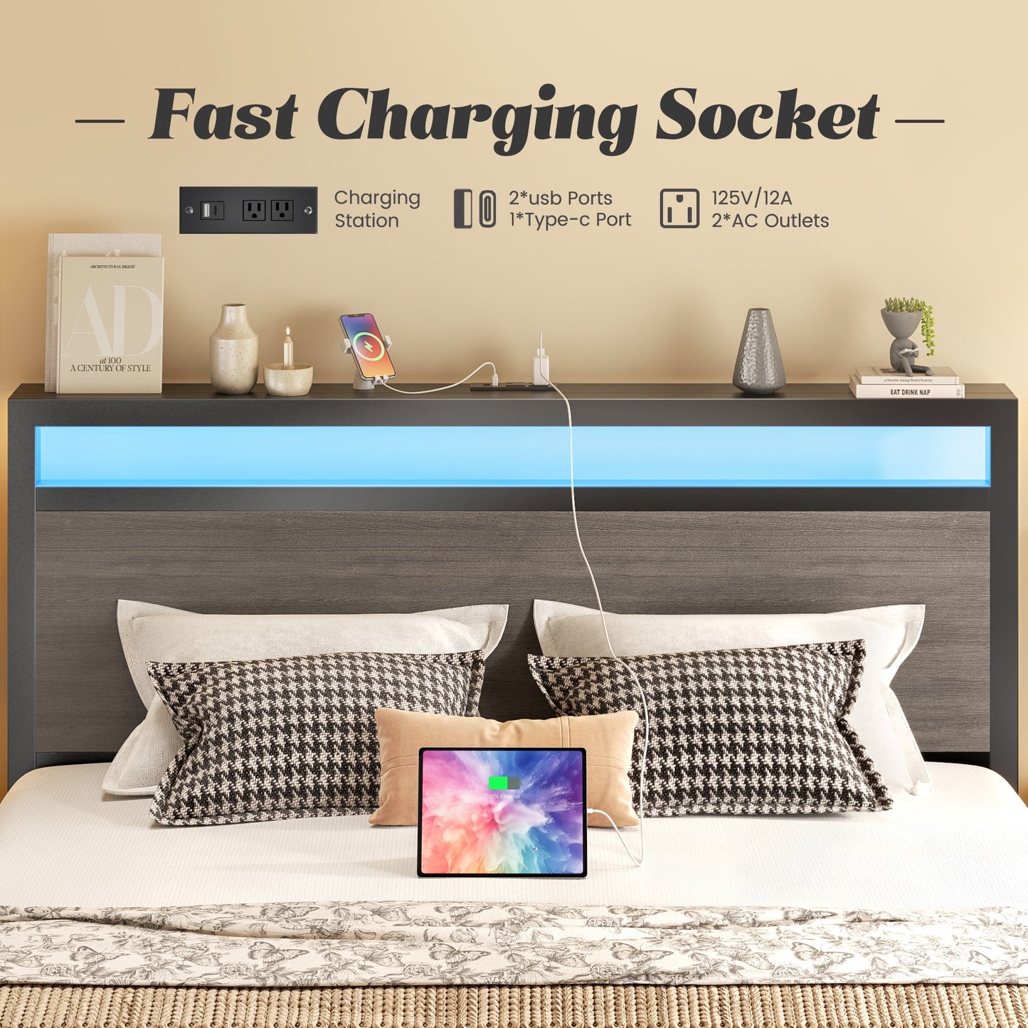 Full Bed Frame with Storage Headboard & Storage Drawer, Charging Station & LED Light, No Box Spring Needed, Noise Free, Easy Assembly, Gray