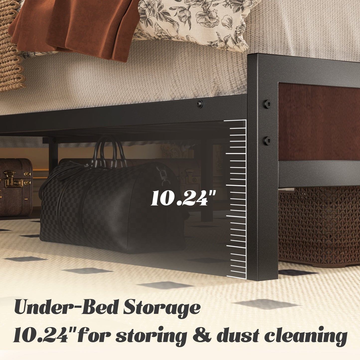 Full Bed Frame with Storage Headboard & Storage Drawer, Charging Station & LED Light, No Box Spring Needed, Noise Free, Easy Assembly, Vintage Brown