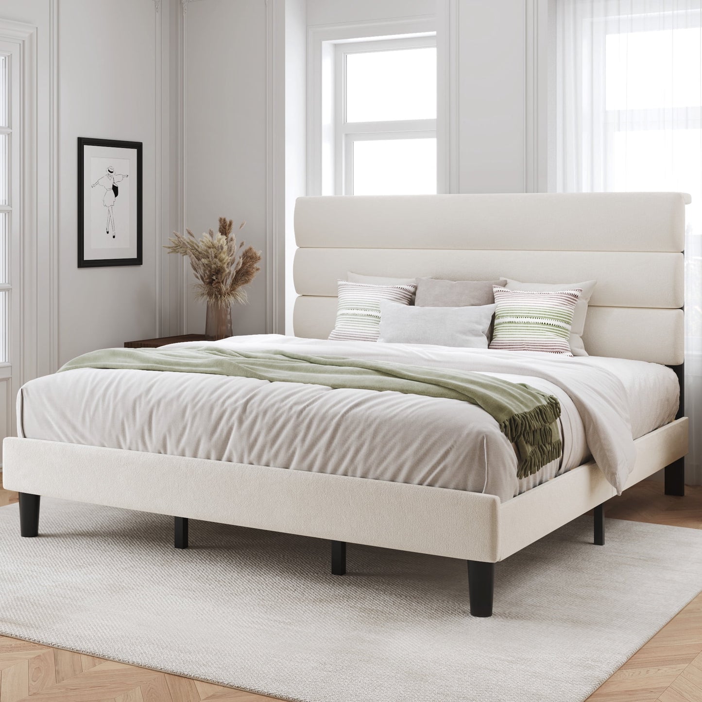 Lifezone King Bed Frame with Velvet Upholstered Headboard, Metal Support, No Box Spring Needed, Noise Free, Easy Assembly, Beige