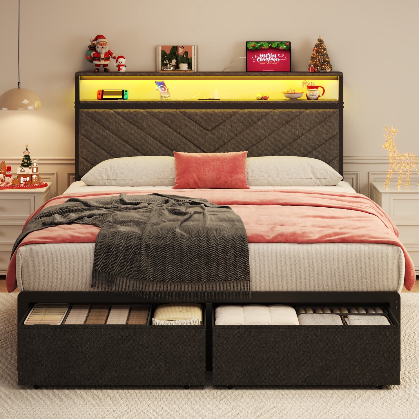 Full bed frame with charging station, LED lights, and storage drawers, with soft cushioned headboard, under bed storage space, easy to install, gray