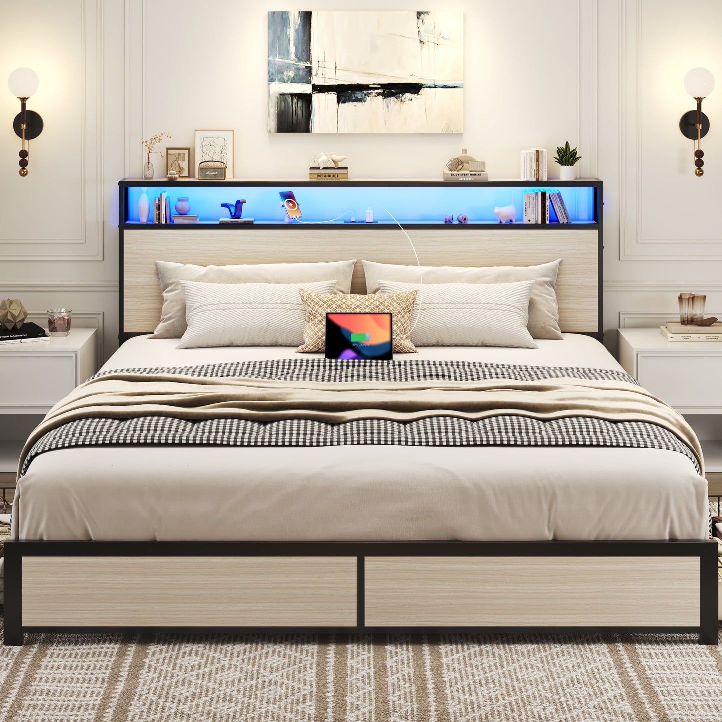 Lifezone King Size Bed Frame with 2-Tier Bookcase Headboard Platform Bed with Charging Station & LED, 4 Storage Drawers, Metal Support, No Box Spring Needed, Noise Free, Beige