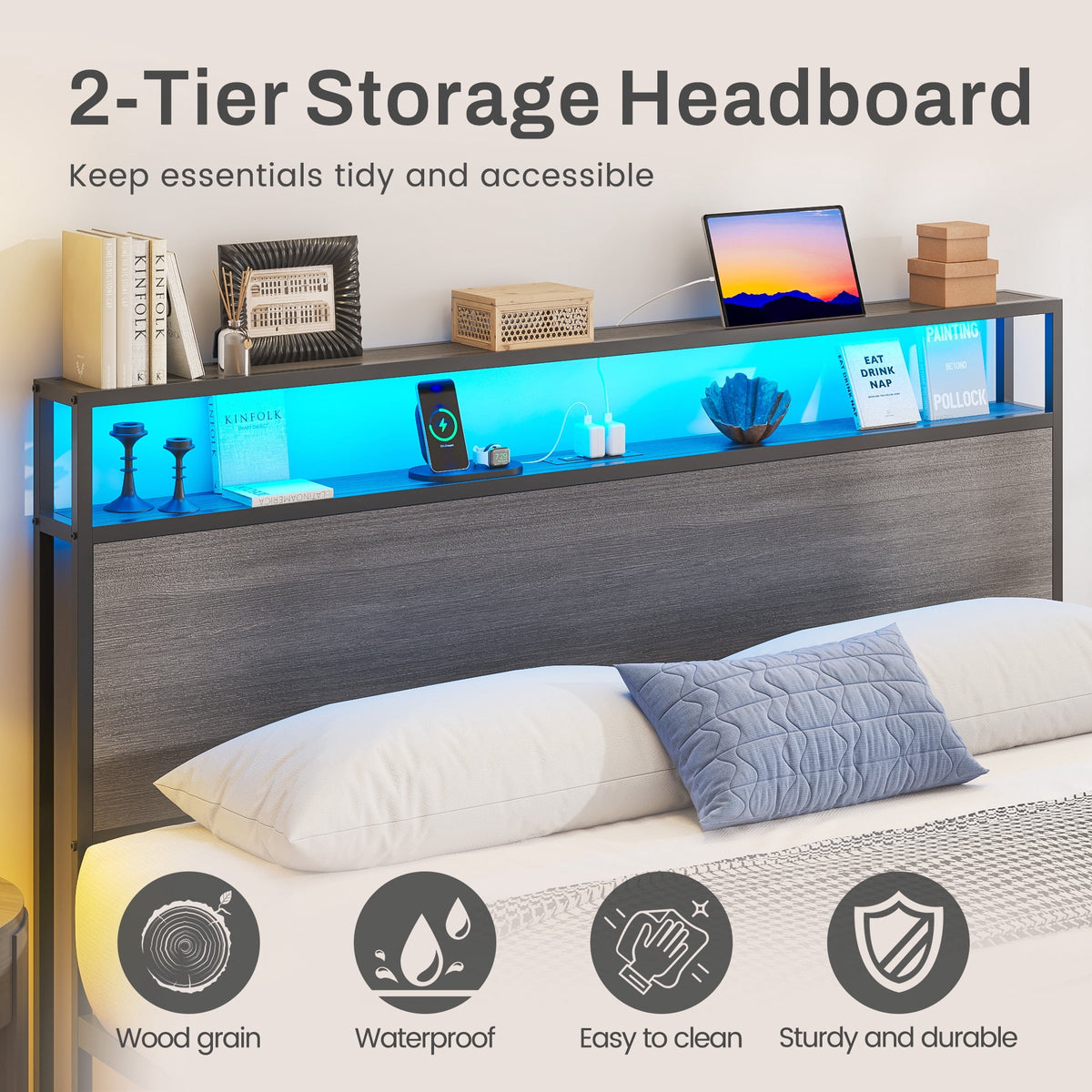 Lifezone Queen Bed Frame with 2-Tier Storage Headboard, Metal Bed Frame with Storage Drawers, Built-in Charging Station & LED Lights, Noise-Free, No Box Spring Needed, Easy Assembly, Rustic Grey