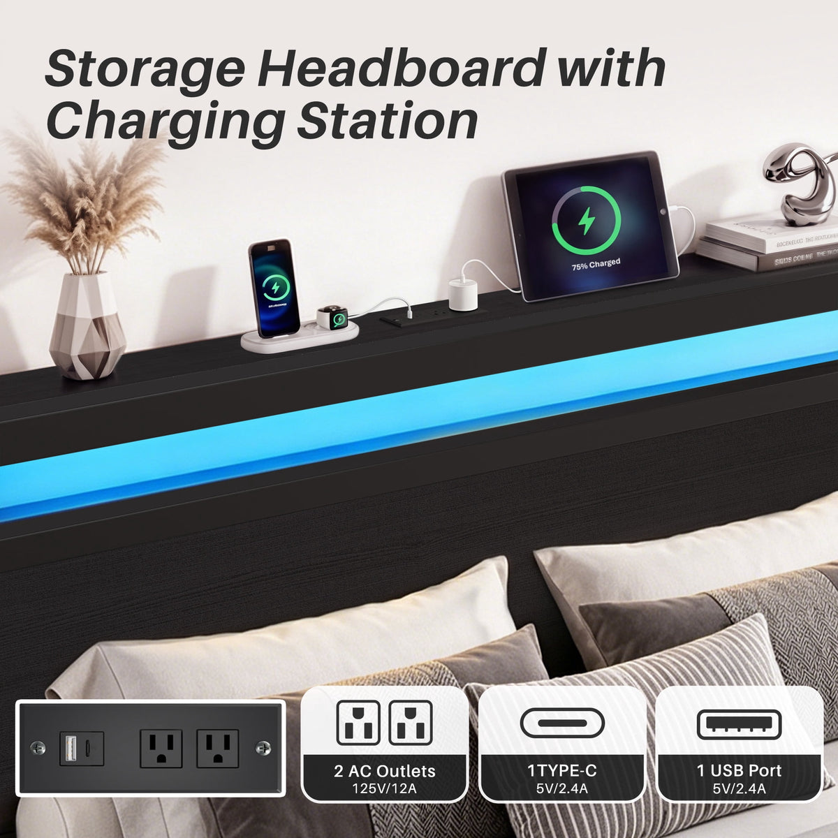 Lifezone Queen Bed Frame with Headboard, Bed Frame with Charging Station & LED Light, 2 Drawers, Storage Shelf, Noise-Free, No Box Spring Needed, Easy Assembly, Classic Black
