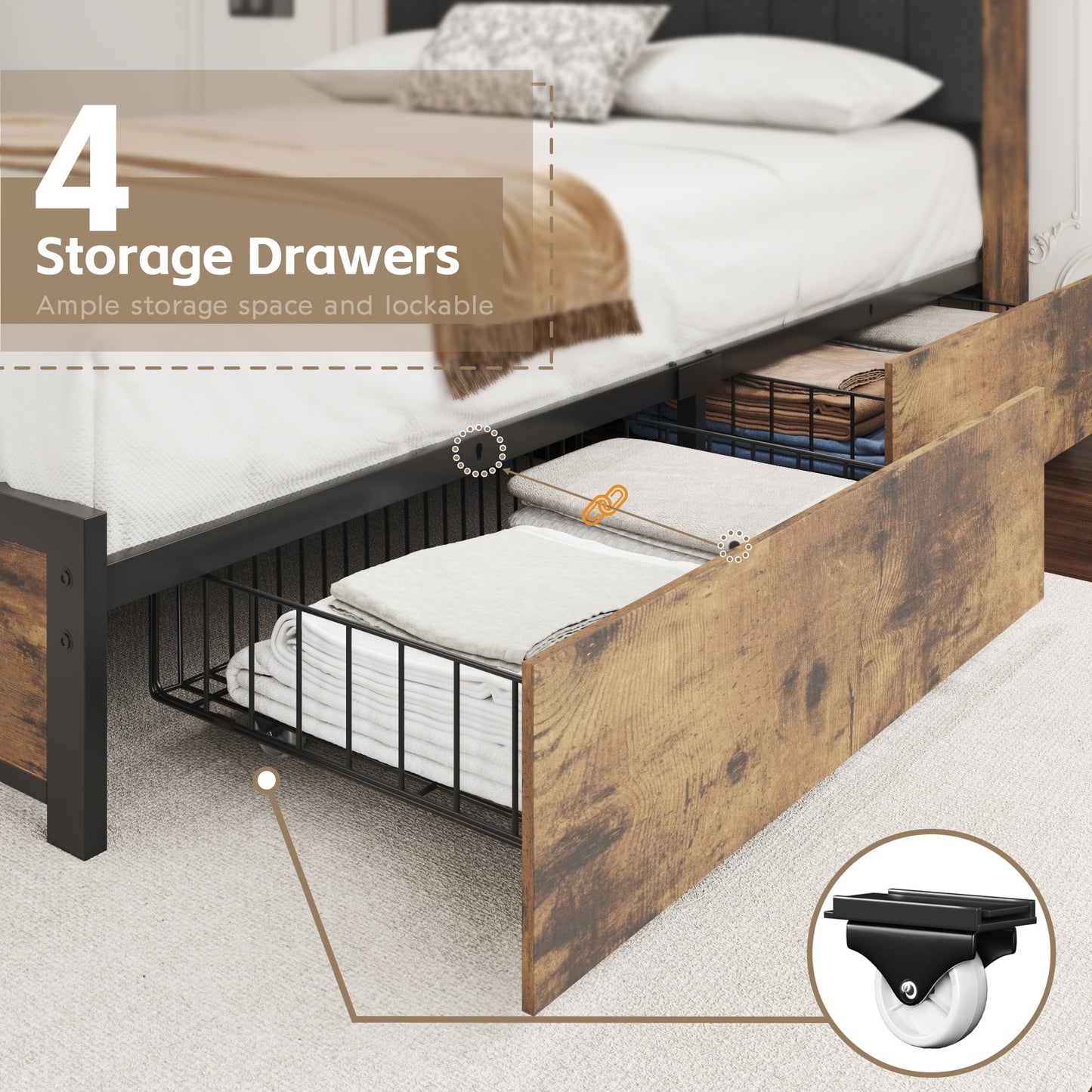 Lifezone Bookcase Beds Queen Bed Frame with Wooden Platform, Rustic Brown