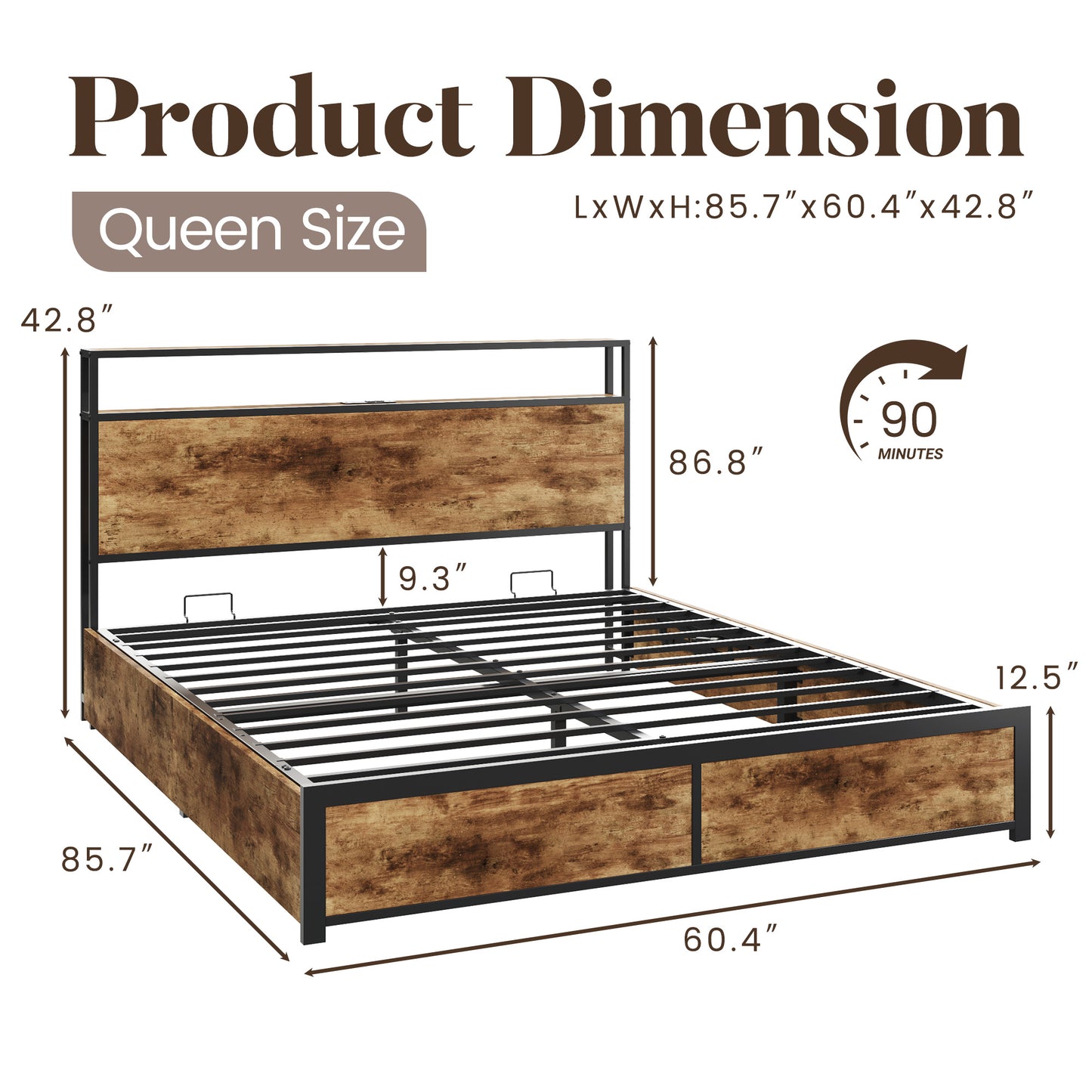 Lifezone Queen Size Lift Up Storage Bed Frame with 2-Tier Storage Headboard, Metal Platform Bed Frame with Charging Station & LED Light, Hydraulic Support, No Box Spring Needed/Noise Free, Rustic Grey
