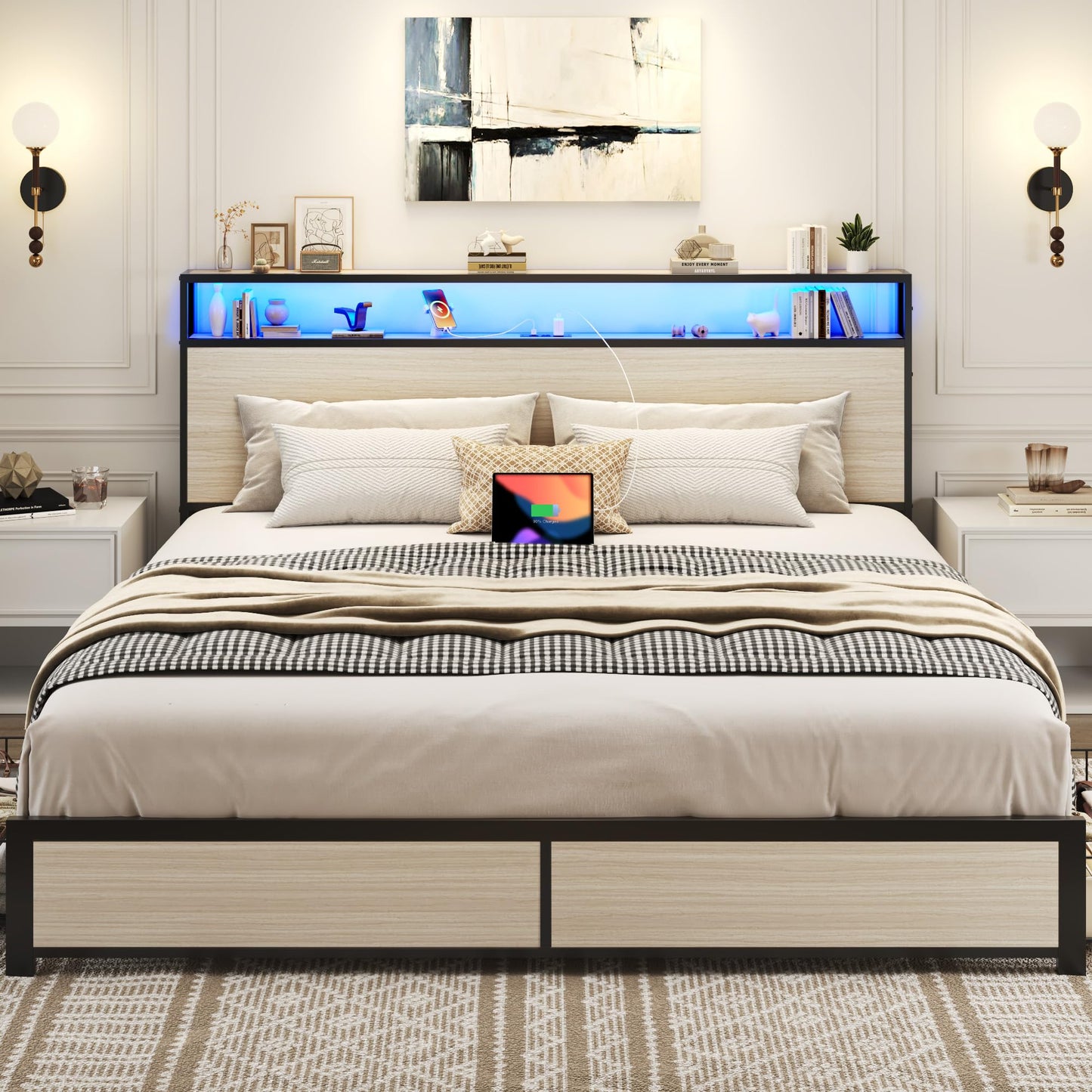 Lifezone King Bed Frame with 2-Tier Storage Headboard, Metal Platform Bed Frame with 4 Storage Drawers, Built in Charging Station & LED, Noise-Free/Metal Support/No Box Spring Needed, Beige
