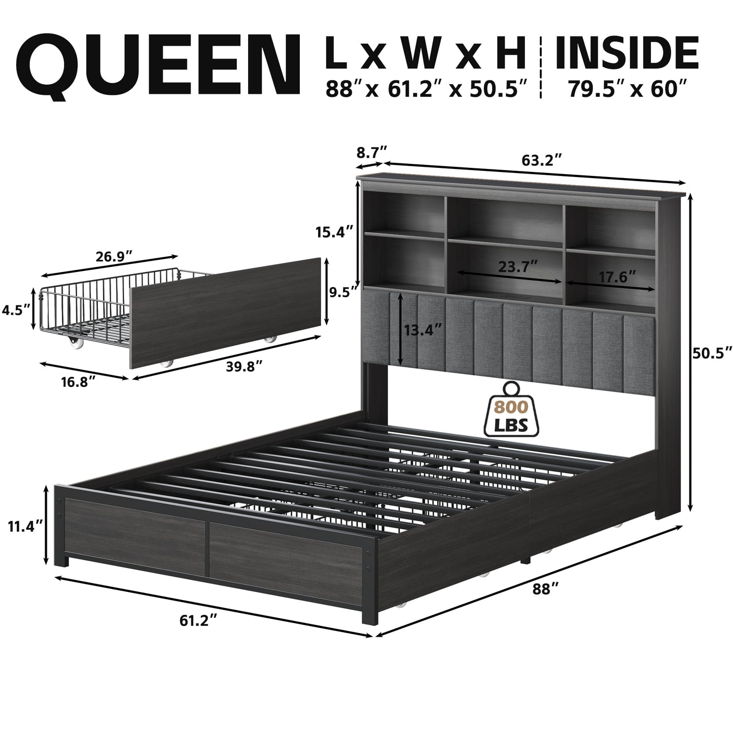 Lifezone Bookcase Beds Queen Bed Frame with Wooden Platform, Rustic Grey