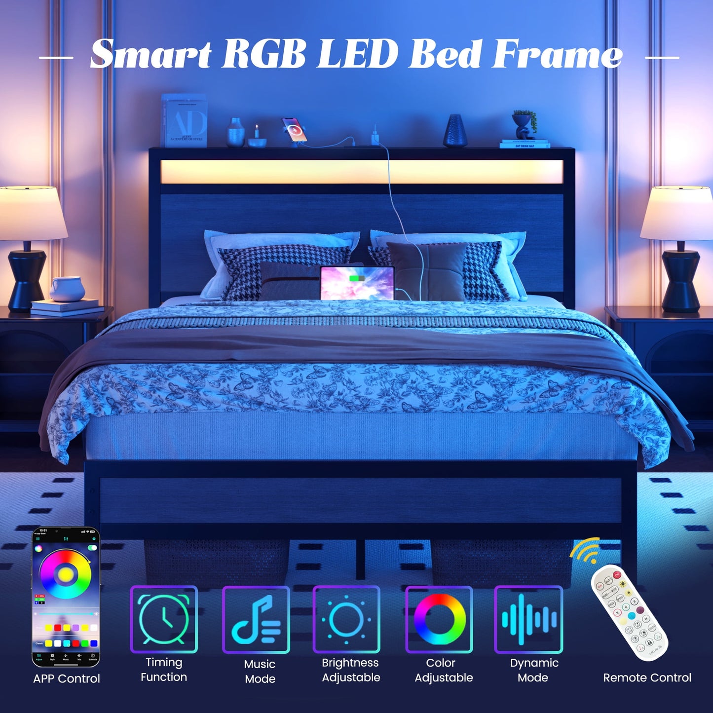 Full Bed Frame with Storage Headboard & Storage Drawer, Charging Station & LED Light, No Box Spring Needed, Noise Free, Easy Assembly, Gray